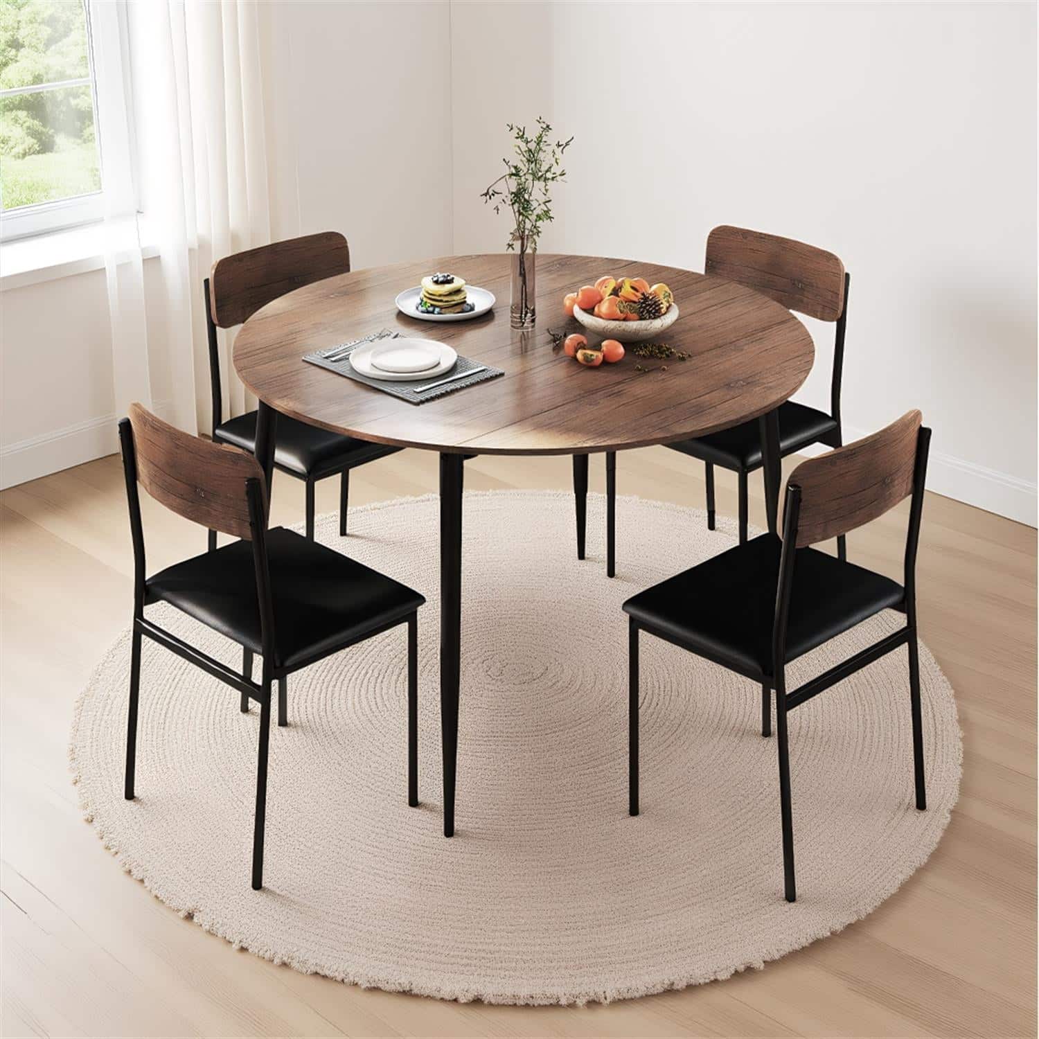 Pefilos - 5-Piece Round Kitchen Table Set with Drop Leaf Tabletop and 4 Upholstered Dining Chairs, Space Saving Dining Set - Brown