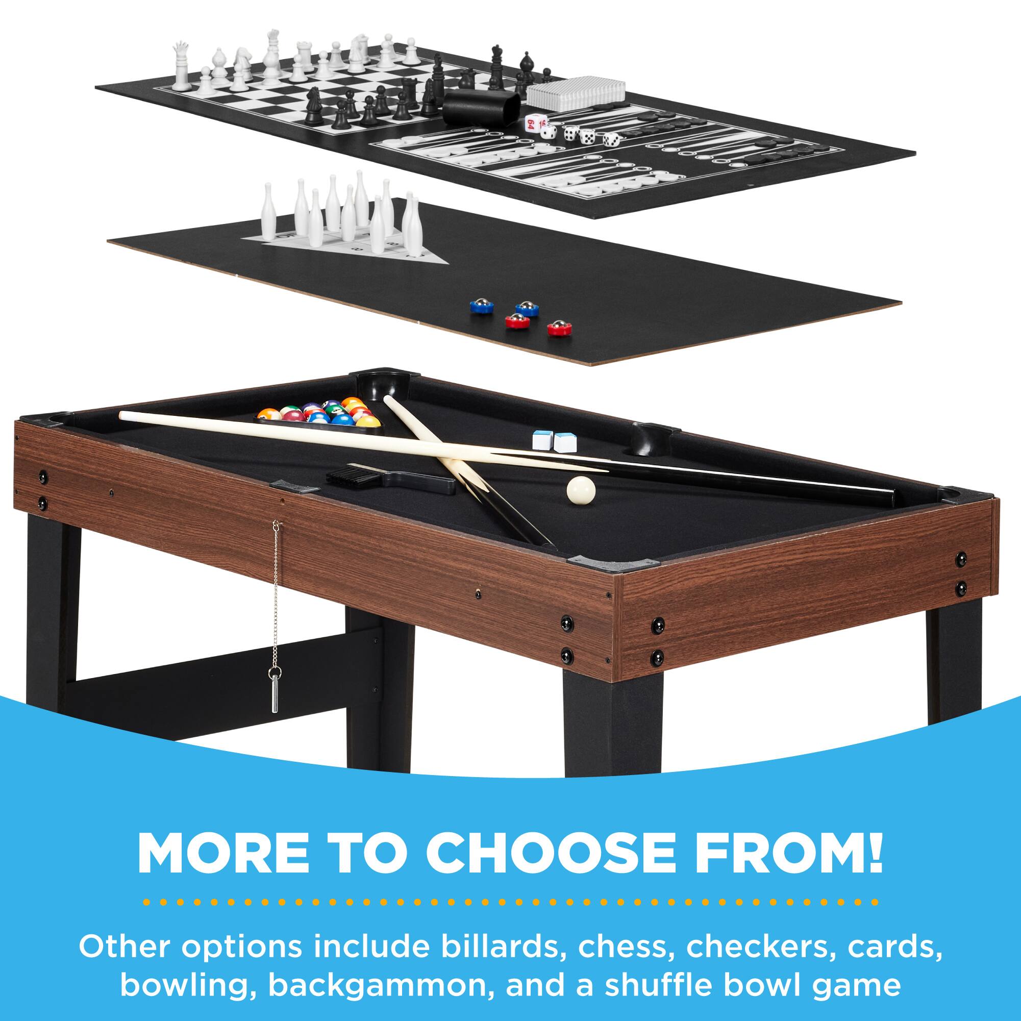 MORE TO CHOOSE FROM!  
Other options include billiards, chess, checkers, cards, bowling, backgammon, and a shuffle bowl game