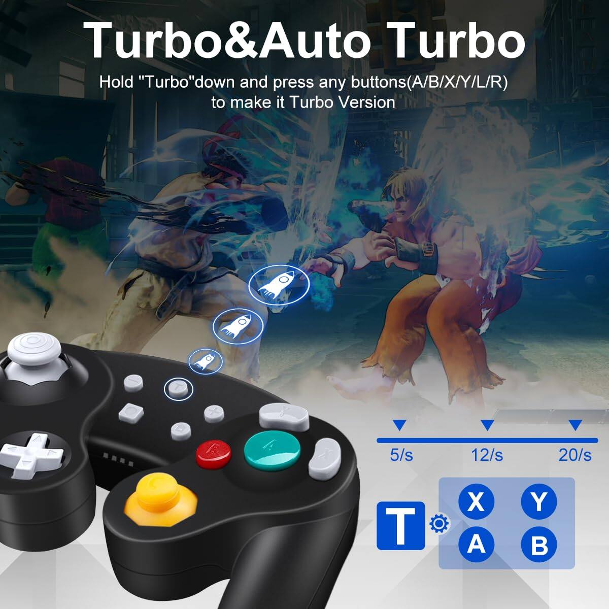 Turbo & Auto Turbo  
Hold "Turbo" down and press any buttons (A/B/X/Y/L/R) to make it Turbo Version  

T D + F  
5/s 12/s 20/s  
T X A Y