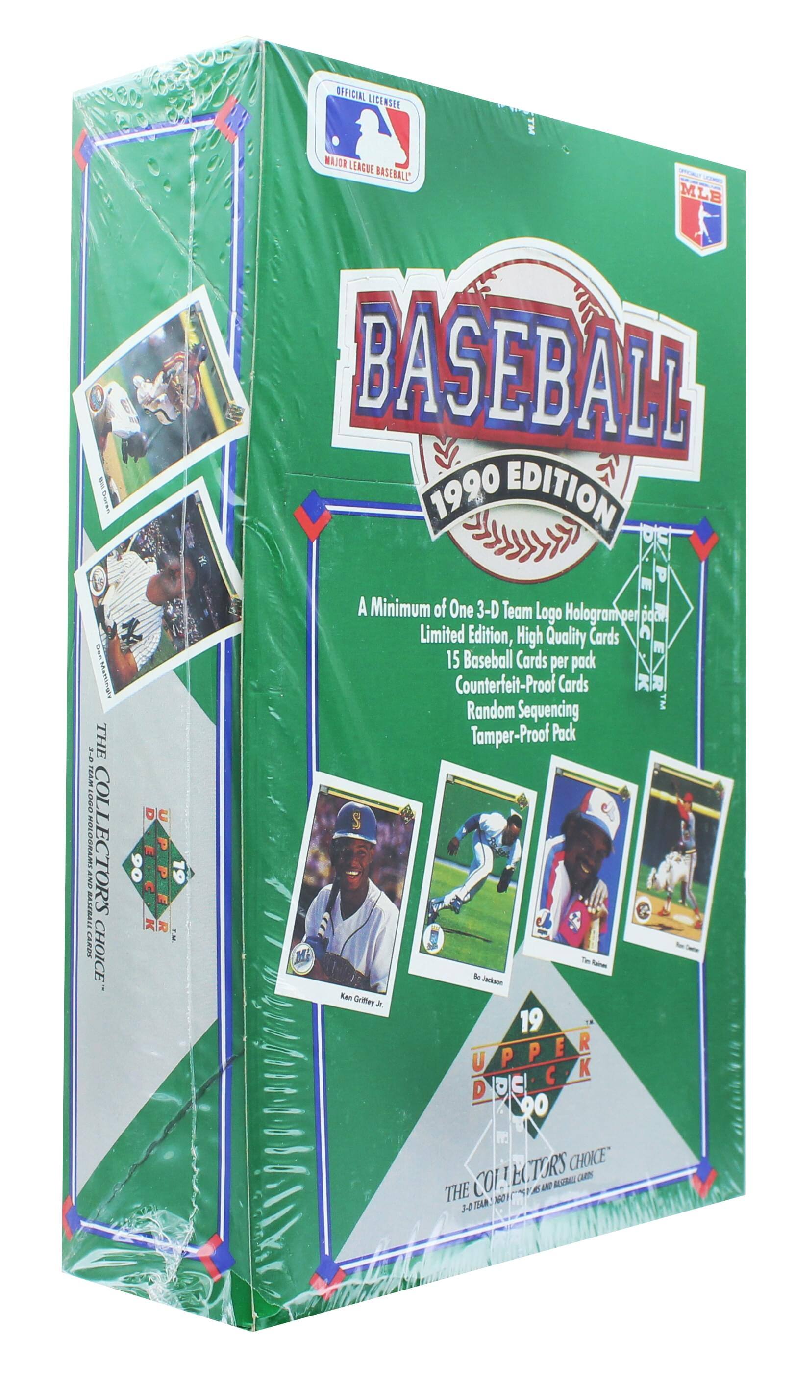**OFFICIAL LICENSEE**  
**MAJOR LEAGUE BASEBALL**  
**MLB BASEBALL 1990 EDITION**  
**Son nntaingsc 3-8 THE TEAM 0001 BASEBALL AN NOLOGRAMS COLLECTOR'S CARDS CHOICE DC 90 R A**  
**Minimum of One 3-D Team Logo Hologram per Limited Edition, High Quality Cards**  
**15 Baseball Cards per pack**  
**Counterfeit-Proof Cards**  
**Random Sequencing**  
**Tamper-Proof Pack**  
**Tom he noing_toranscribe Kan Griffey**  
**19 UPPER DECKER**  
**THE COLLECTOR'S CHOICE**  
**A Minimum of One 3-D Team Logo Hologram per Limited Edition, High Quality Cards**  
**15 Baseball Cards per pack**  
**Counterfeit-Proof Cards**  
**Random Sequencing**  
**Tamper-Proof Pack**  
**THE COLLECTOR'S CHOICE**