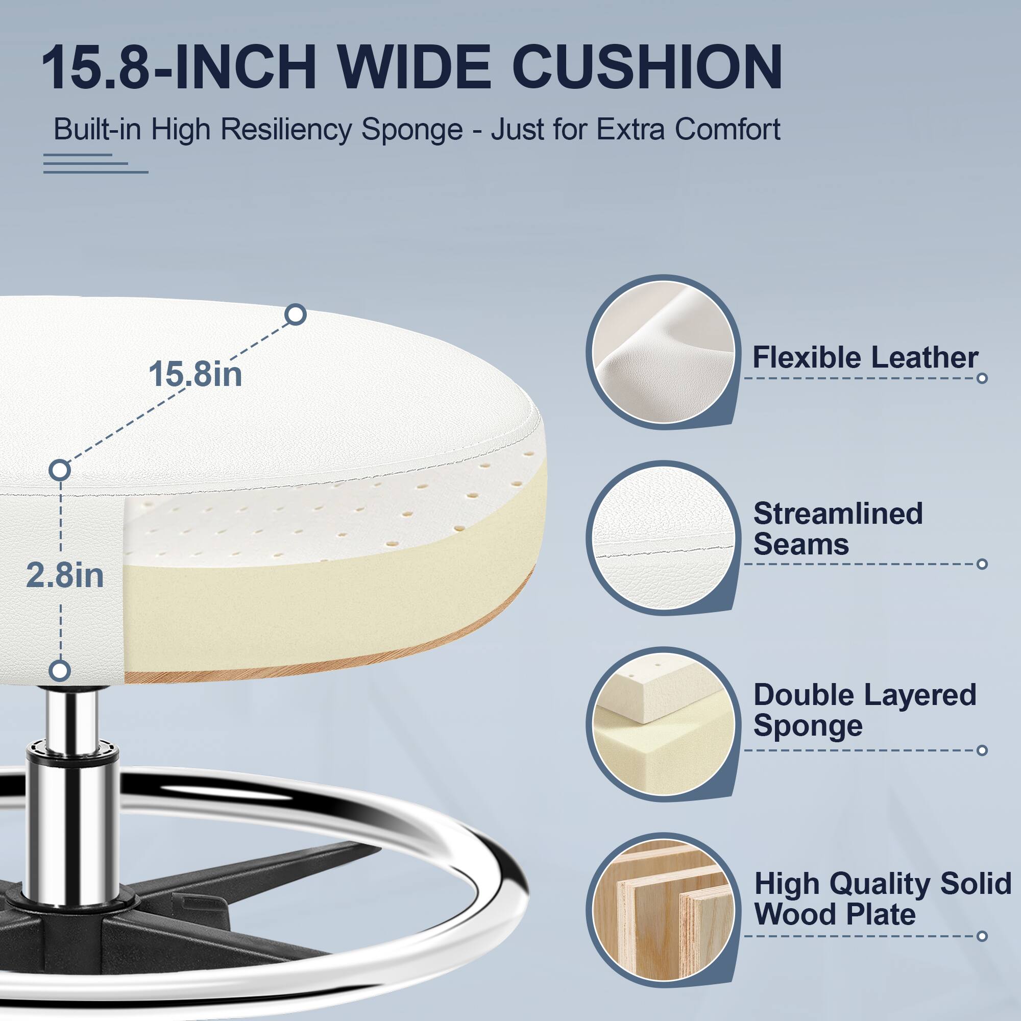 15.8-INCH WIDE CUSHION  
Built-in High Resiliency Sponge - Just for Extra Comfort  

- 15.8in  
- 2.8in  

- Flexible Leather  
- Streamlined Seams  
- Double Layered Sponge  
- High Quality Solid Wood Plate