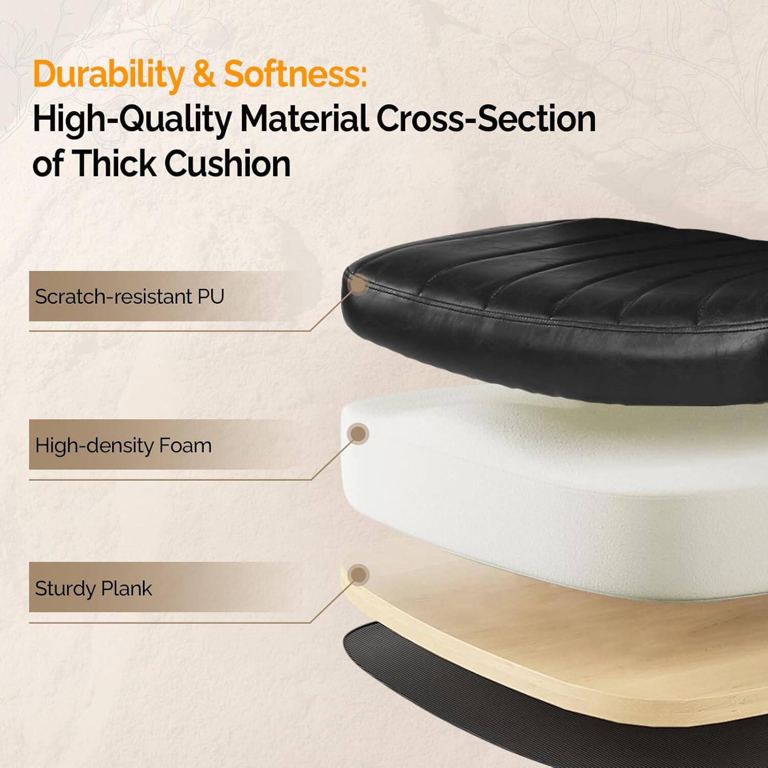 Durability & Softness: High-Quality Material Cross-Section of Thick Cushion

- Scratch-resistant PU
- High-density Foam
- Sturdy Plank