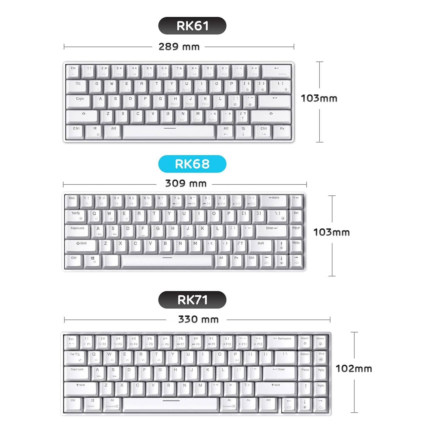 Sure, here is the corrected and grouped text from the image:

---

**RK61**  
289 mm  
103mm

**RK68**  
309 mm  
103mm

**RK71**  
330 mm  
102mm

---

**Keyboard Layouts:**

- RK61:  
  - Esc, 1, 2, 3, 4, 5, 6, 7, 8, 9, 0, -, =, Backspace  
  - Tab, Q, W, E, R, T, Y, U, I, O, P, [, ], \  
  - Caps Lock, A, S, D, F, G, H, J, K, L, ;, ', Enter  
  - Shift, Z, X, C, V, B, N, M, ,, ., /, Shift  
  - Fn, Ctrl, Win, Alt, Spacebar, Alt, Menu, Ctrl

- RK68:  
  - Esc, 1, 2, 3, 4, 5, 6, 7, 8, 9, 0, -,