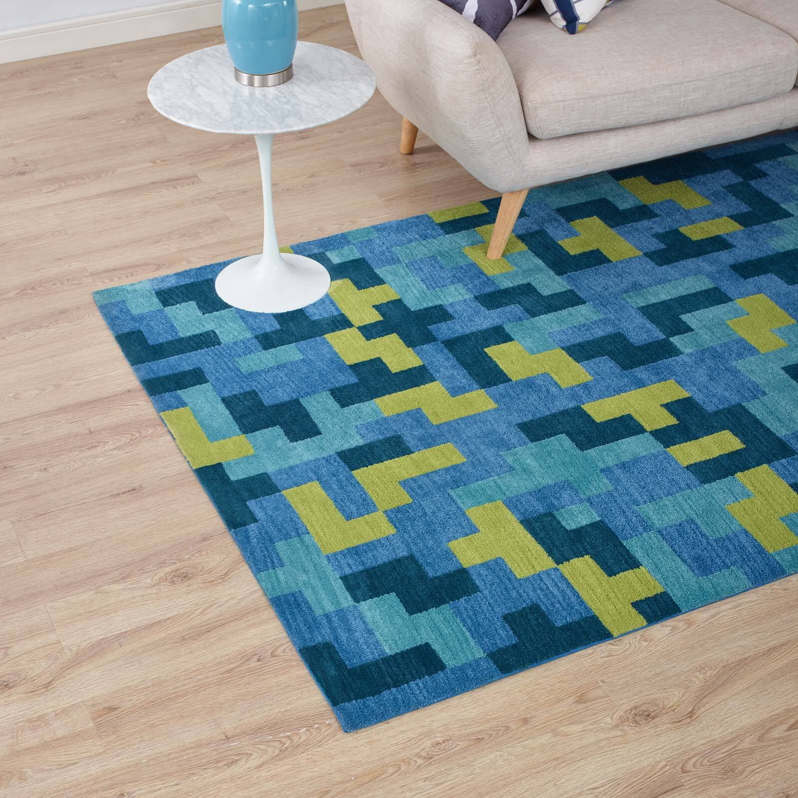 Left. Modway - Andela Interlocking Block Mosaic Area Rug - Multicolored Blue and Light Olive Green.