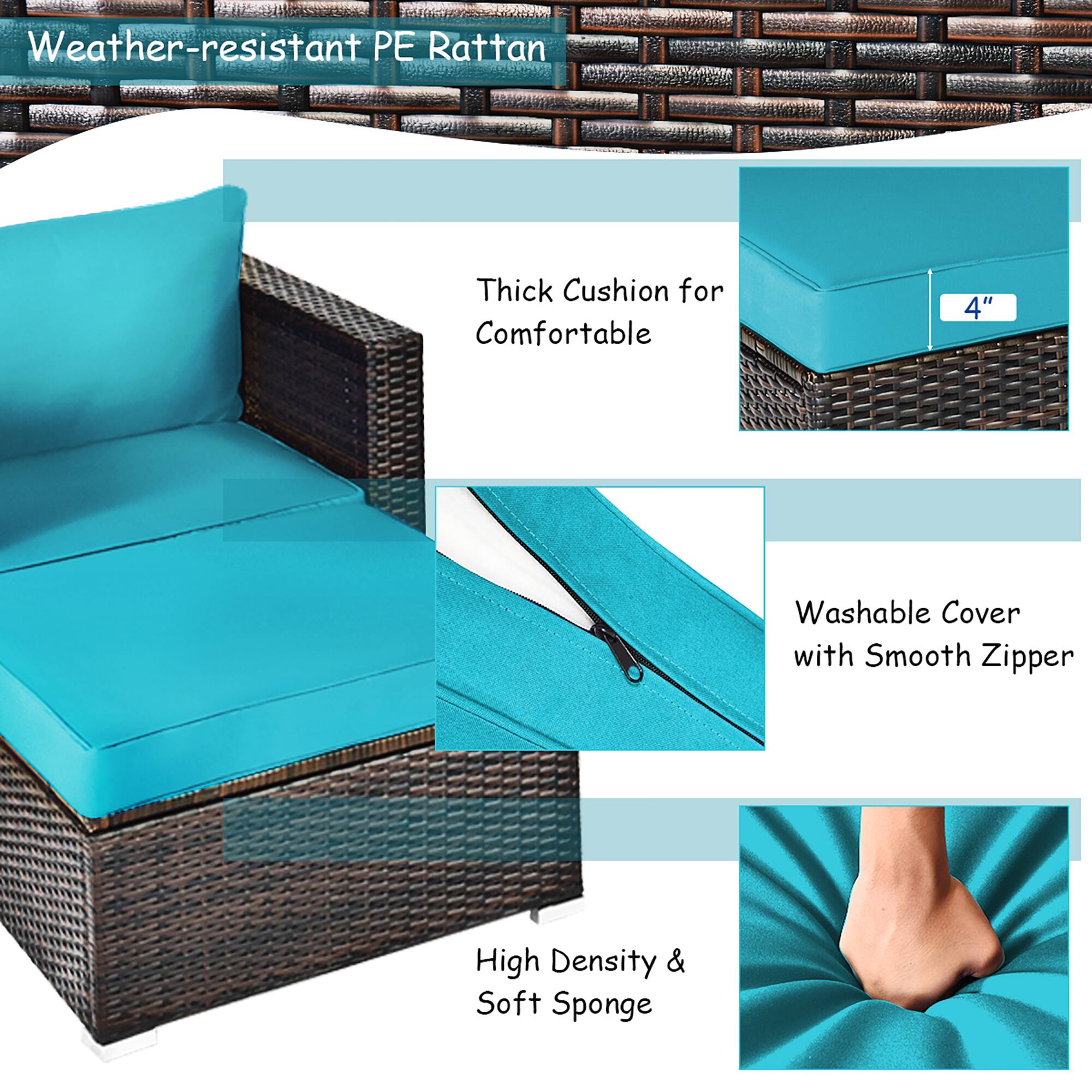 Weather-resistant PE Rattan Thick Cushion for Comfortable 4" Washable Cover with Smooth Zipper High Density & Soft Sponge