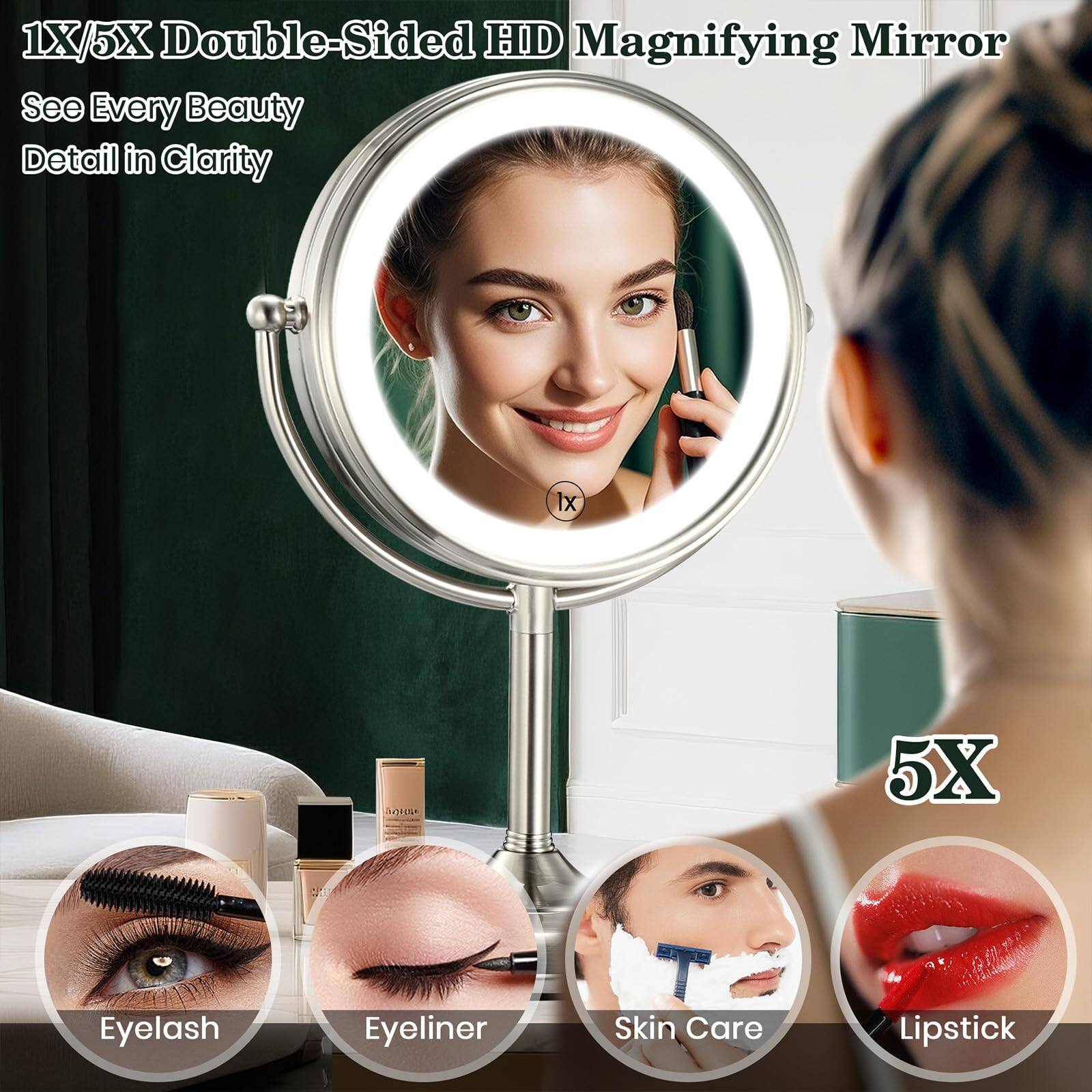 1X/5X Double-Sided HD Magnifying Mirror  
See Every Beauty Detail in Clarity  

1X  
5X  

Eyelash  
Eyeliner  
Skin Care  
Lipstick