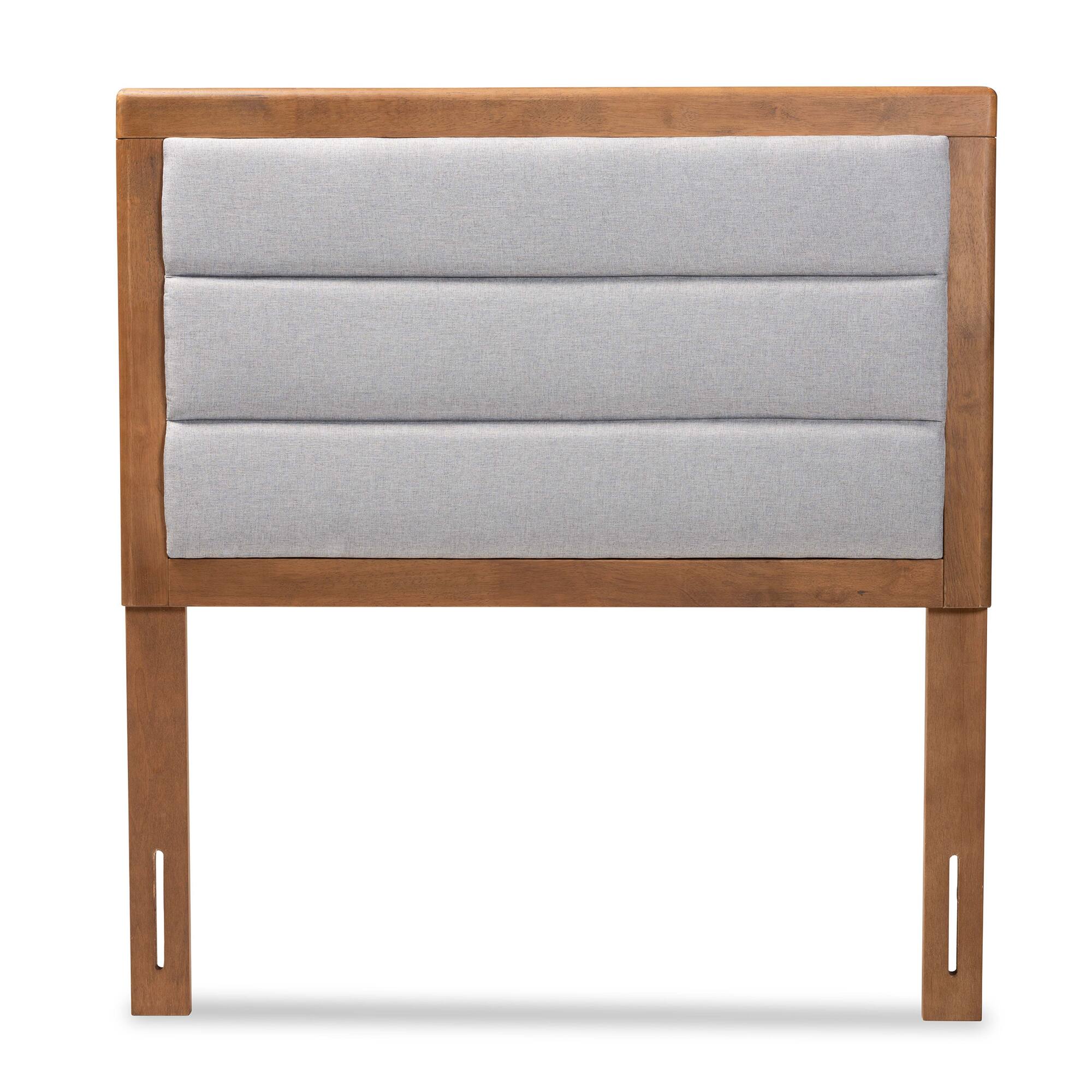 Angle. Baxton Studio - Dexter Modern and Contemporary Fabric Upholstered and Finished Wood Twin Size Headboard - Light Grey/Walnut Brown.