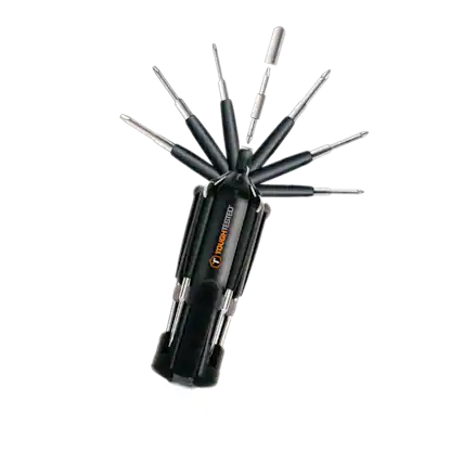 Front. ToughTested - ToughTested 8-in-1 Multitool Screwdriver with LED Flashlight, 7 Bits, Portable Repair Tool for Home, Auto & Camping - Black/Orange.