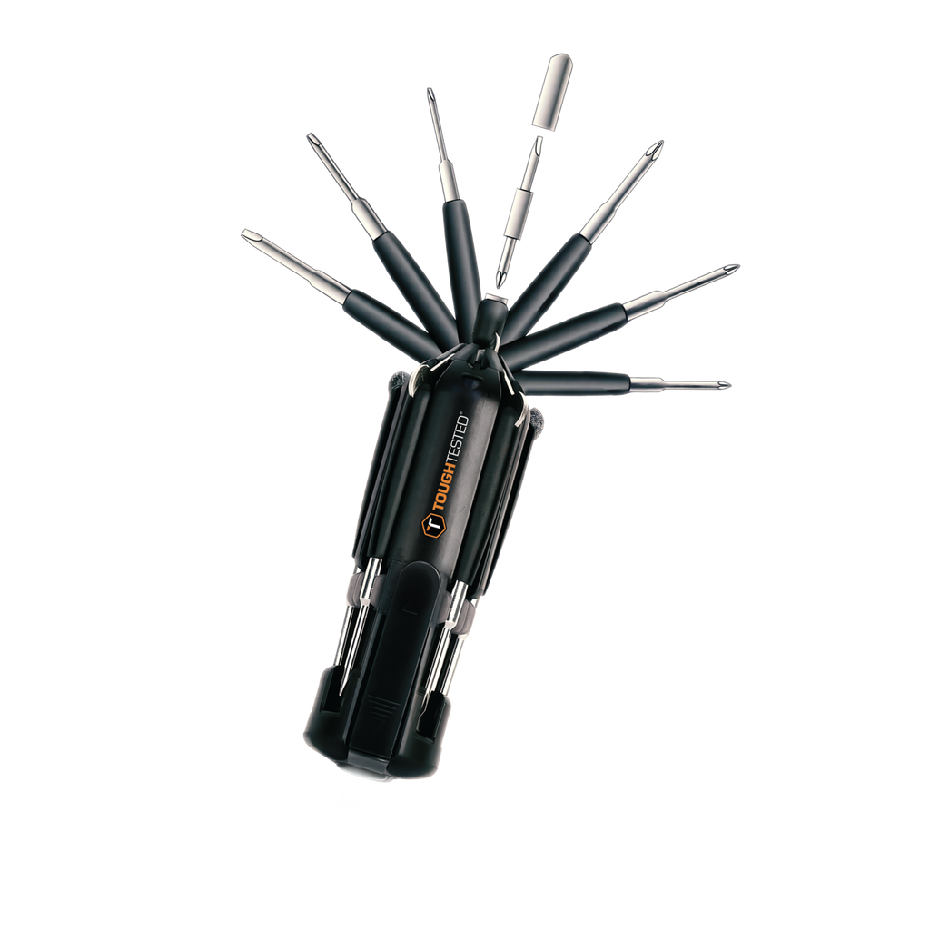 Front. ToughTested - ToughTested 8-in-1 Multitool Screwdriver with LED Flashlight, 7 Bits, Portable Repair Tool for Home, Auto & Camping - Black/Orange.