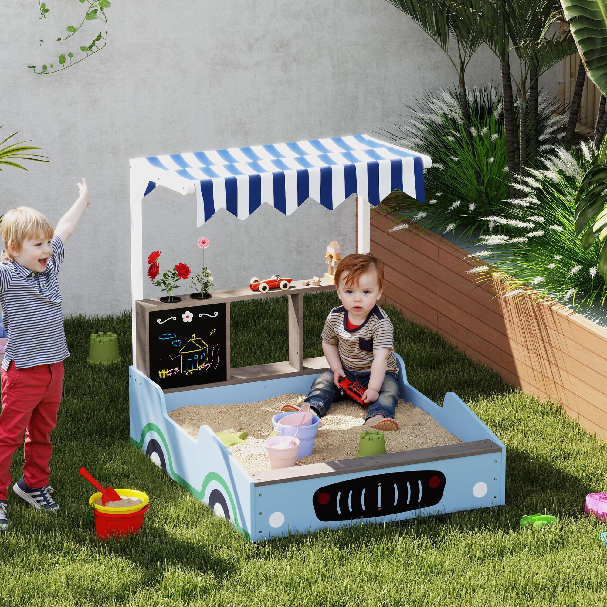 Angle. Qaba - Kids Wooden Sandbox with Canopy, Bench Seats, Bottom Liner, Drawing Board, Planting Boxes, Backyard, Garden, Ages 3-7.