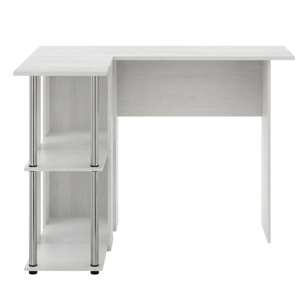 Back. BisonOffice - White Oak L-Shape Desk, Bookshelf And Stainless Steel Tubes For Office Spaces - White Oak/Chrome.