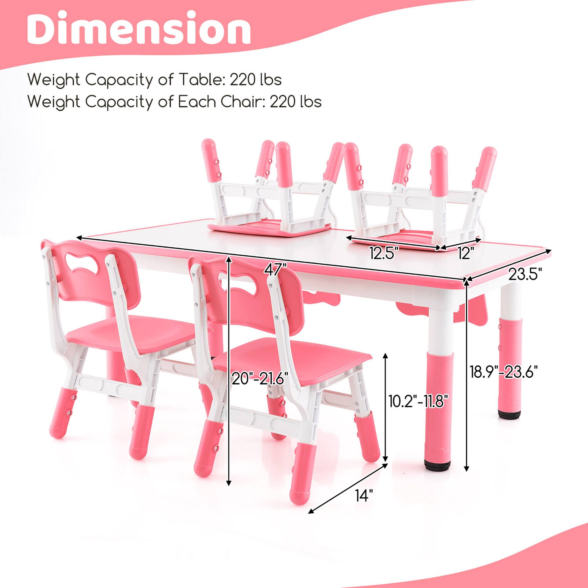 Dimension  
Weight Capacity of Table: 220 lbs  
Weight Capacity of Each Chair: 220 lbs  

- Table: 47" x 23.5"  
- Chair: 12.5" x 12"  
- Seat Height: 10.2"-11.8"  
- Leg Height: 18.9"-23.6"  
- Seat Depth: 20"-21.6"  
- Overall Height: 14"