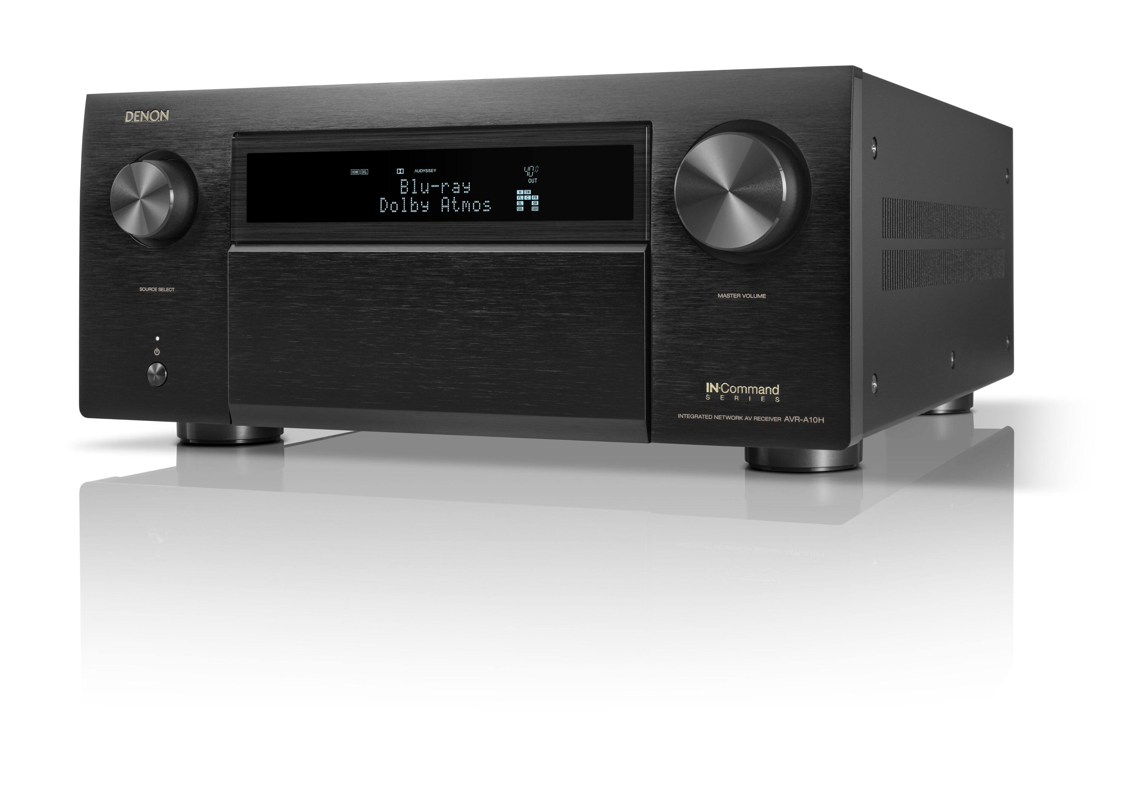 Denon is a brand of electronic equipment, specifically an audio and video receiver, that supports Blu-ray Dolby Atmos technology. The receiver is designed to provide a high-quality audio and video experience for users. It has a sleek black design and features a display screen on the front, which shows the current settings and options. The receiver is capable of handling a variety of audio and video inputs, making it suitable for use in a home theater or entertainment system.