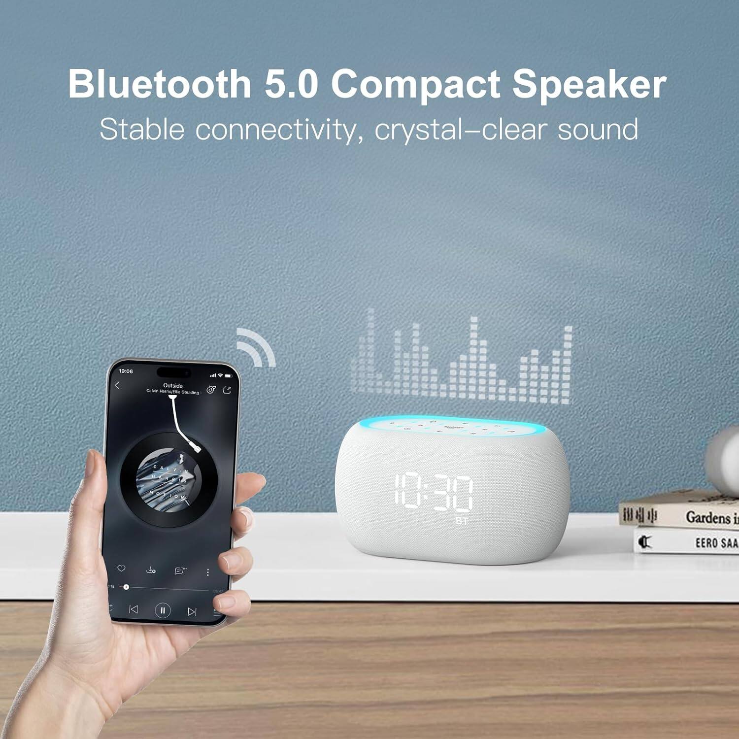 Bluetooth 5.0 Compact Speaker  
Stable connectivity, crystal-clear sound  

1R:04  
Outside  
Sats a nnd - - LA R  
10:30  
BT  
Gardens i  
EERO SAA