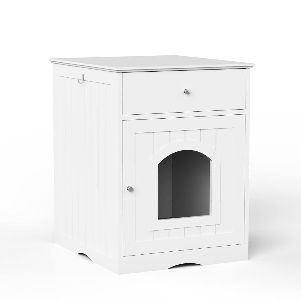 Front. AOSTIRMOTOR - White Wooden Pet House Cat Litter Box Enclosure with Drawer, Side Table, Indoor Pet Crate, Cat Home Nightstand - White.