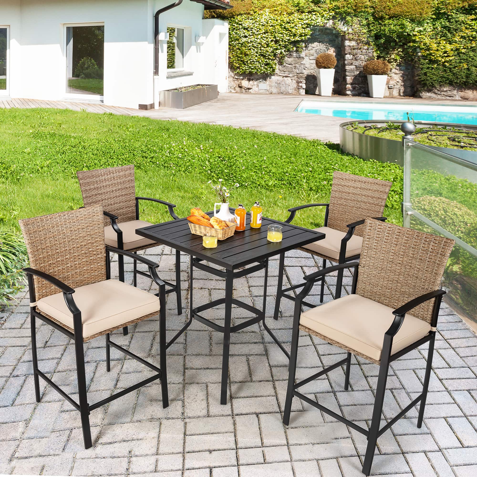 Gymax - 5PCS Patio Bar Stool & Table Set Outdoor Bistro Furniture Set w/ Cushions - Brown + Beige + Black price history on PriceWatchPro