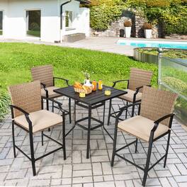 Gymax - 5PCS Patio Bar Stool & Table Set Outdoor Bistro Furniture Set w/ Cushions - Brown + Beige + Black