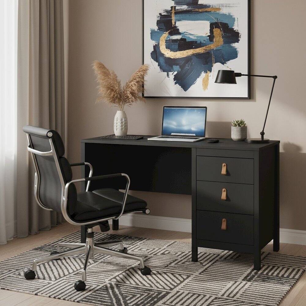Angle. FurniFact - Matte Computer Desk with 3 Drawers, Home Office Study Table - Black.