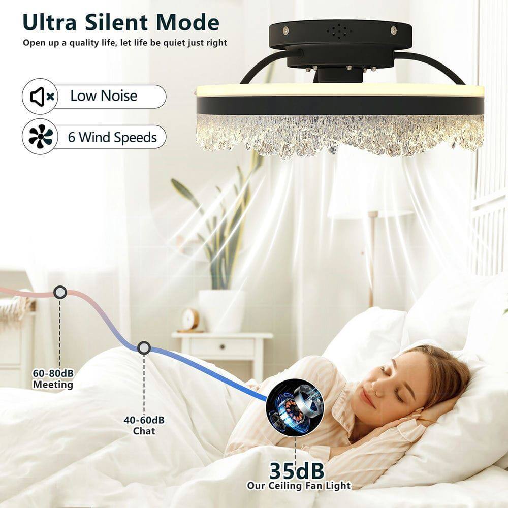Ultra Silent Mode  
Open up a quality life, let life be quiet just right  

- Low Noise  
- 6 Wind Speeds  

60-80dB Meeting  
40-60dB Chat  
35dB Our Ceiling Fan Light