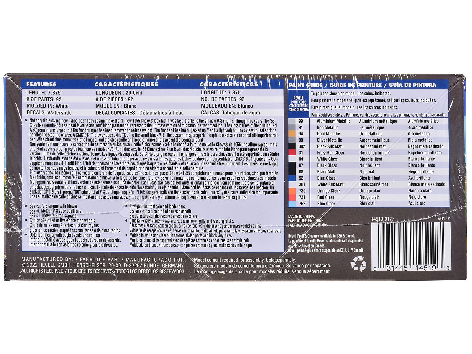 **FEATURES / CARACTÉRISTIQUES / CARACTERÍSTICAS**

**LENGTH:** 7.875"  
**LONGUEUR:** 20.0cm  
**LONGITUD:** 7.875"  
**# OF PARTS:** 92  
**# DE PARTES:** 92  
**NO. DE PIECES:** 92  
**MOLDED IN:** White  
**MOULÉ EN:** Blanc  
**MOLDEADO EN:** Blanco  
**DECALS:** Waterslide  
**DECALCOS:** Tobogán de agua  

---

**PAINT GUIDE / GUIDE DE PEINTURE / GUIA DE PINTURA**

- Aluminum Metallic  
  - **Aluminium métallique**  
  - **Aluminio metálico**  
- Gold Metallic  
  - **Or métallique**  
  - **Oro metálico**  
- Silver Metallic  
  - **Argent métallique**  
  - **Plata metálica**  
- Black Silk Matt  
  - **Noir satiné mat**  
  - **Negro mate satinado**  
- White Gloss  
  - **Blanc