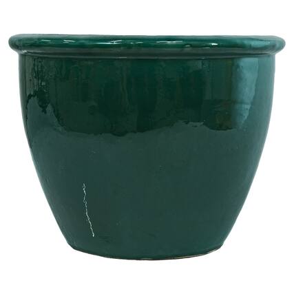 Front. Sunnydaze - 14.5 in Chalet High-Fired Glazed Ceramic Planter - Dark Green.