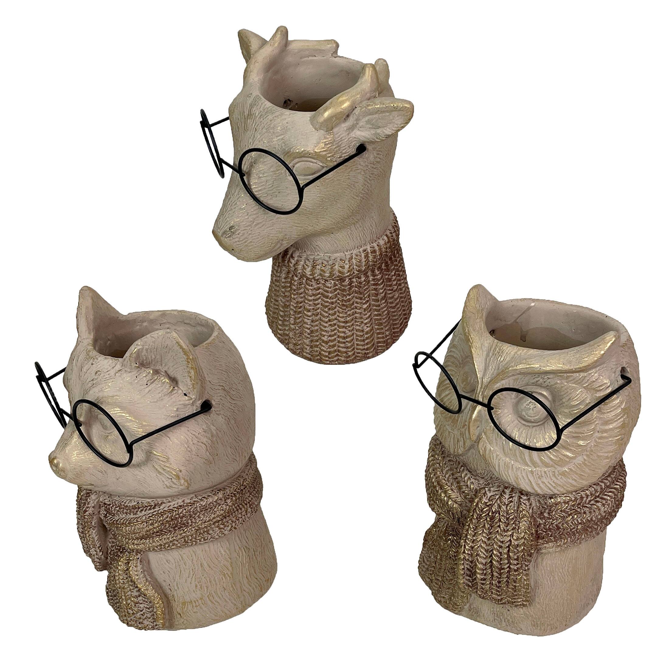 Alt View 2. Things2Die4 - Set of 3 Bespectacled Animal Vases Fox Owl Deer Gold Accent Knit Scarves Glasses - Taupe.