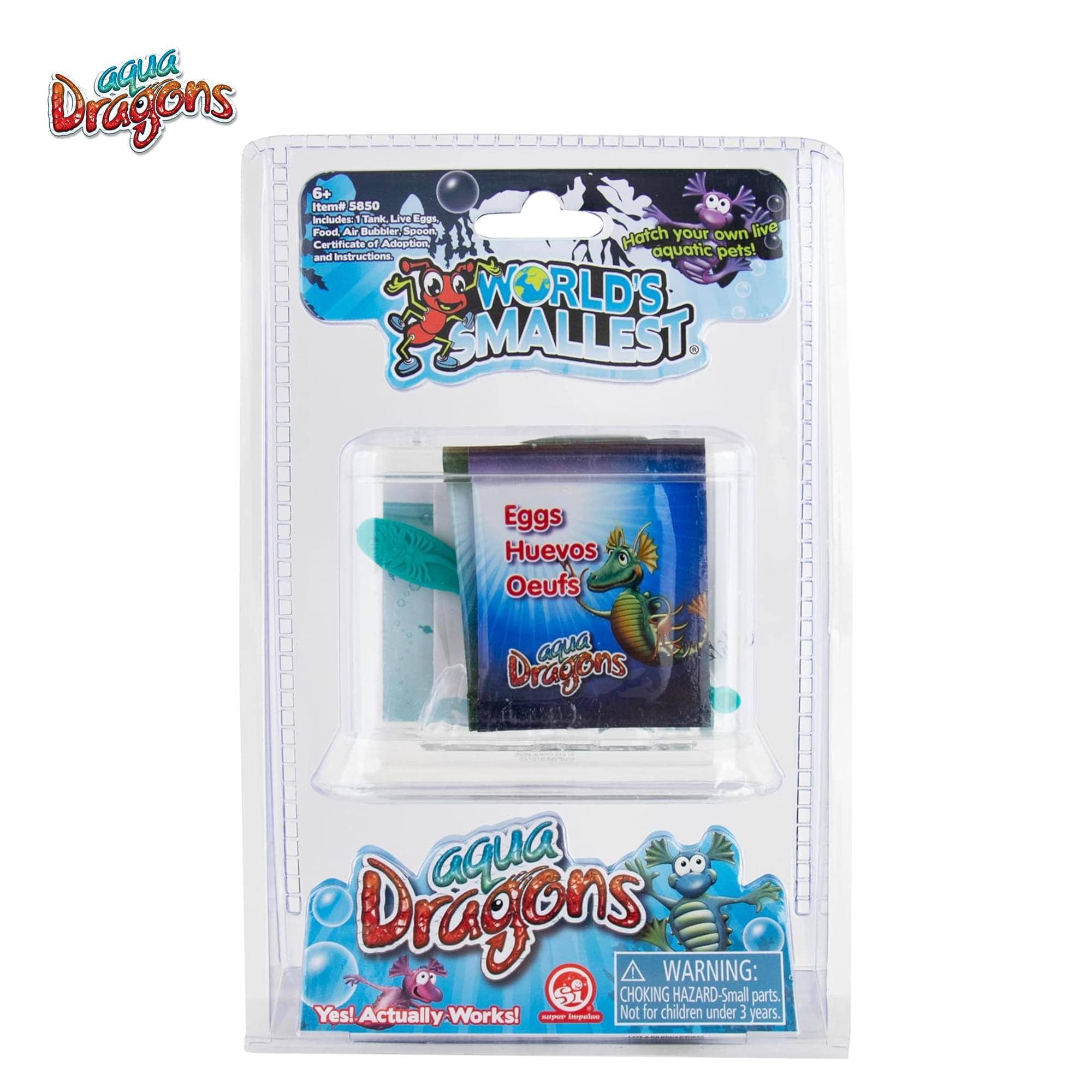 aqua Dragons 6+ Itema 5850 includes 1 Tank, Live Eggs, Food, Air Bubbler, Spoon, Certificate of Adoption and Instructions. Hatch your own live aquatic pets! WORLD'S SMALLEST. Eggs Huevos Oeufs. WARNING: CHOKING HAZARD-Small parts. Not for children under 3 years.