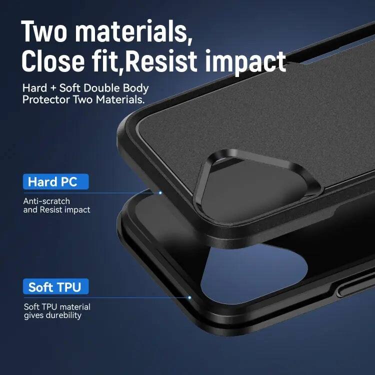 Two materials, Close fit, Resist impact  
Hard + Soft Double Body Protector Two Materials.  
Hard PC  
Anti-scratch and Resist impact  
Soft TPU  
Soft TPU material gives durability