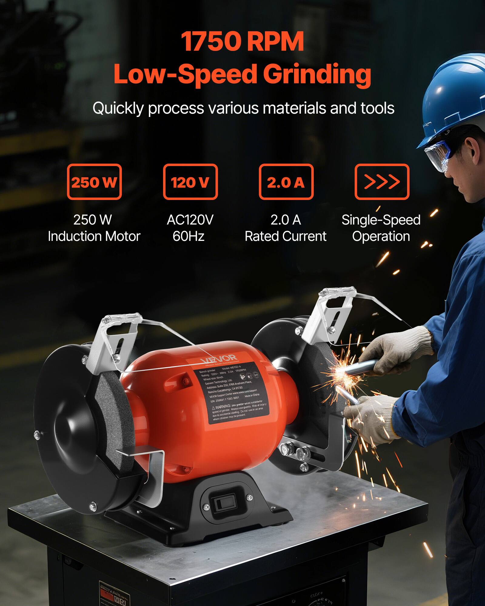 1750 RPM Low-Speed Grinding  
Quickly process various materials and tools  

250 W Induction Motor  
120 V  
AC120V 60Hz  
2.0 A Rated Current  
Single-Speed Operation