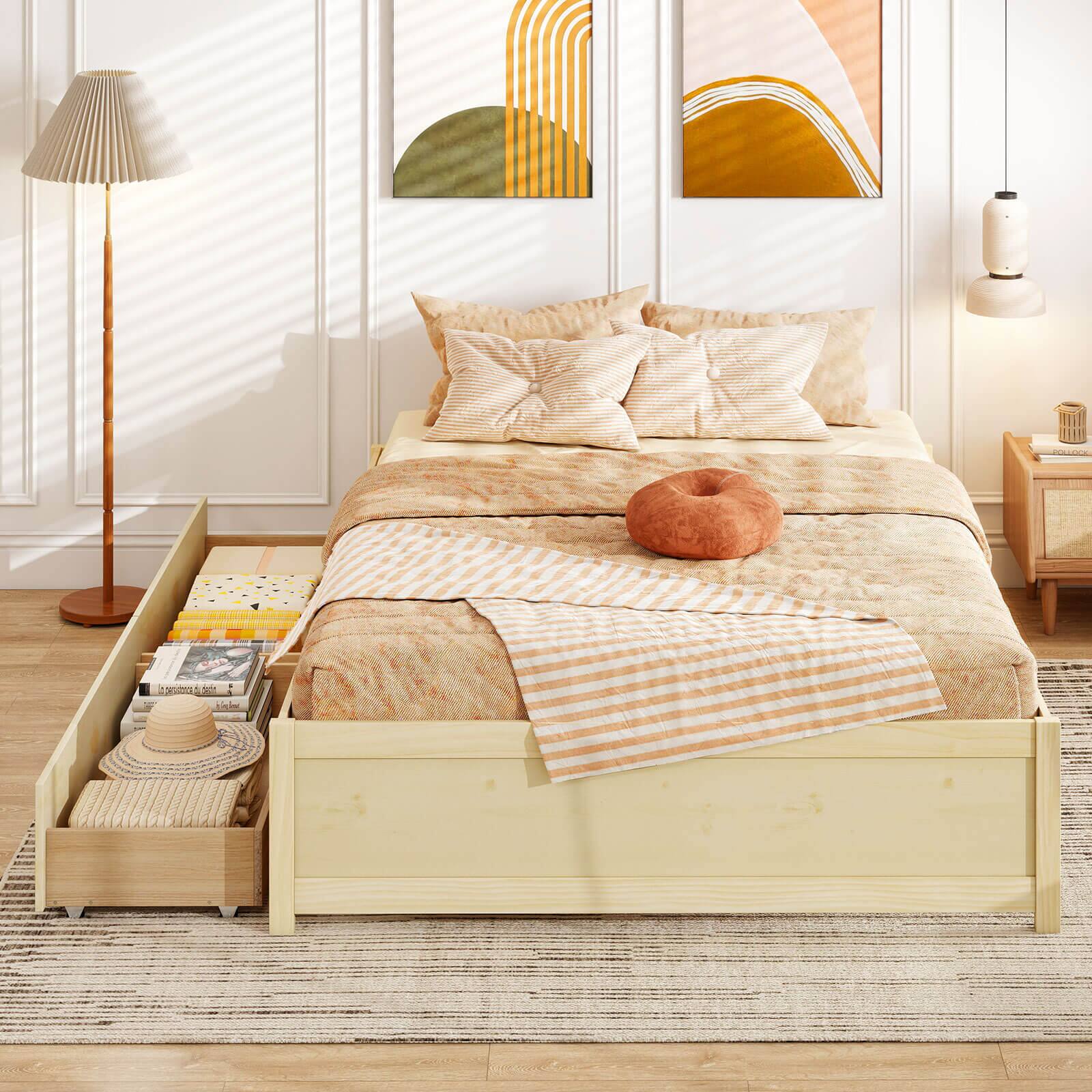 Alt View 3. Costway - Costway Full Size Wooden Platform Bed with 2 Rolling Storage Drawers Wood Slat Support - Natural.