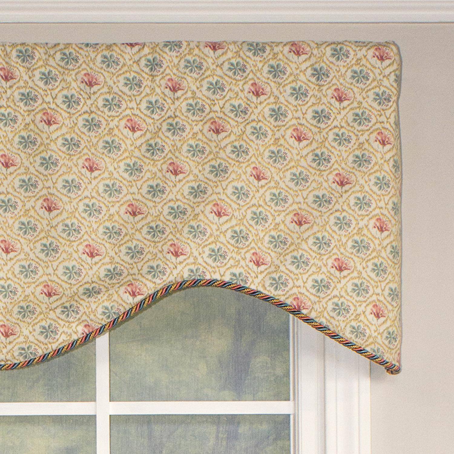 Left. RLF Home - RLF Home Lake Blossom Corded Cornice 100% Cotton with Fully Lined 3" Rod Pocket Valnance for Windows 50" x 17" Multi - Multi.