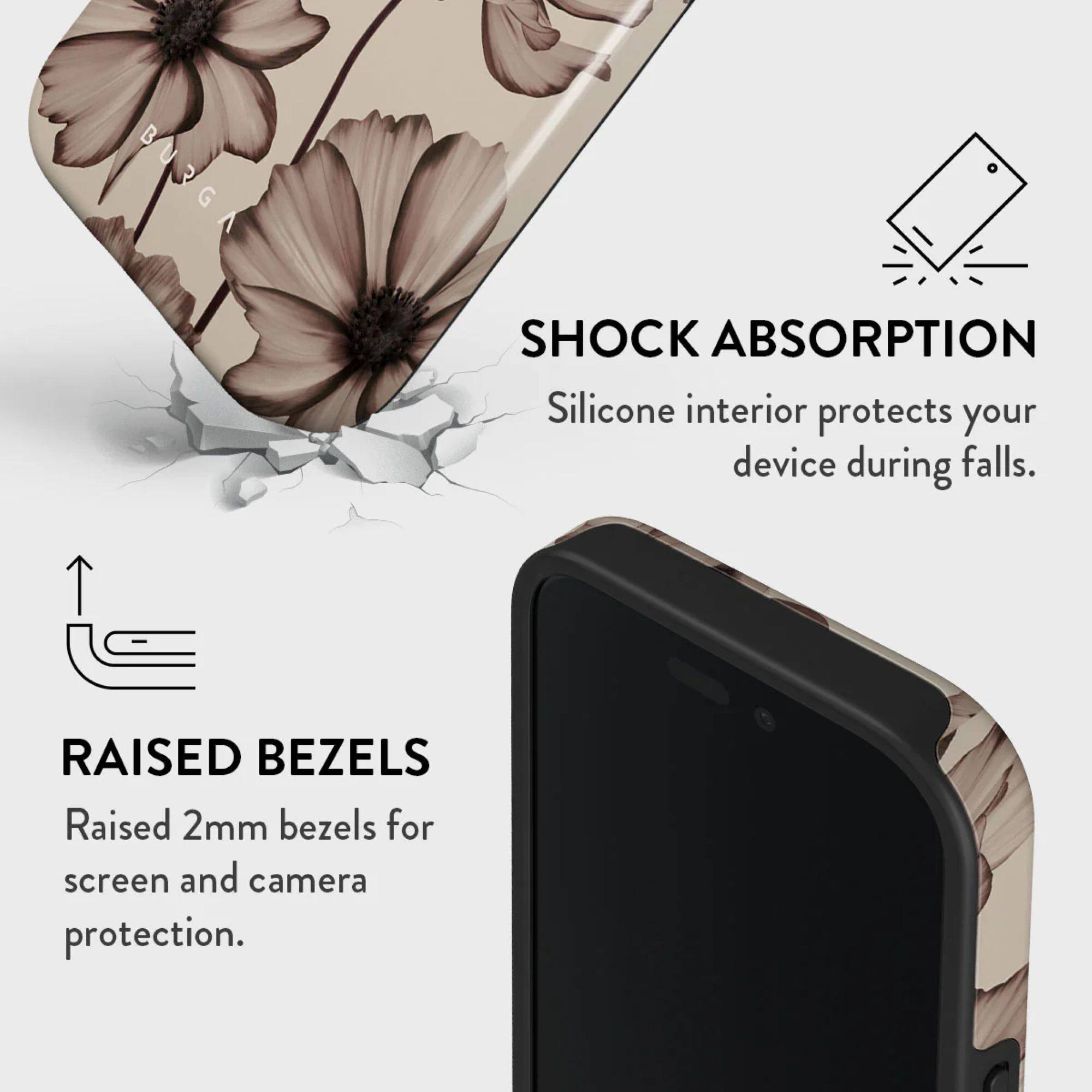 SHOCK ABSORPTION  
Silicone interior protects your device during falls.

RAISED BEZELS  
Raised 2mm bezels for screen and camera protection.