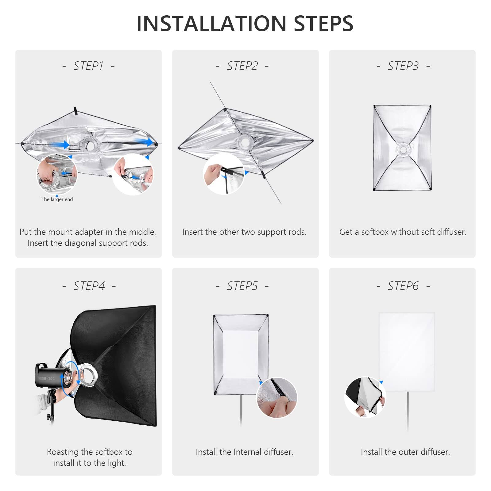 INSTALLATION STEPS

- STEP1 -  
Put the mount adapter in the middle, Insert the diagonal support rods.  
The larger end

- STEP2 -  
Insert the other two support rods.

- STEP3 -  
Get a softbox without soft diffuser.

- STEP4 -  
Roasting the softbox to install it to the light.

- STEP5 -  
Install the Internal diffuser.

- STEP6 -  
Install the outer diffuser.