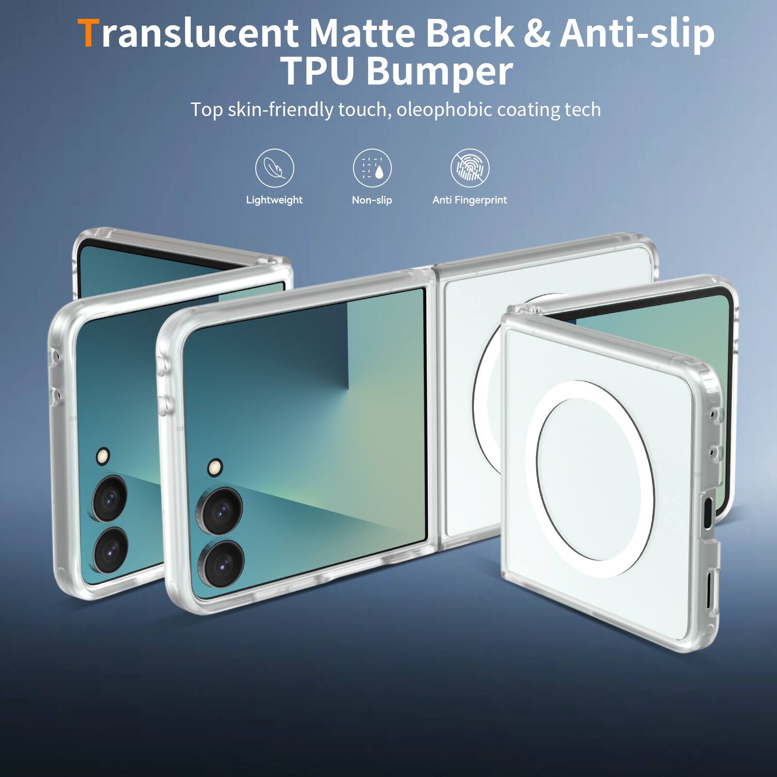 Translucent Matte Back & Anti-slip TPU Bumper  
Top skin-friendly touch, oleophobic coating tech  
Lightweight  
Non-slip  
Anti Fingerprint