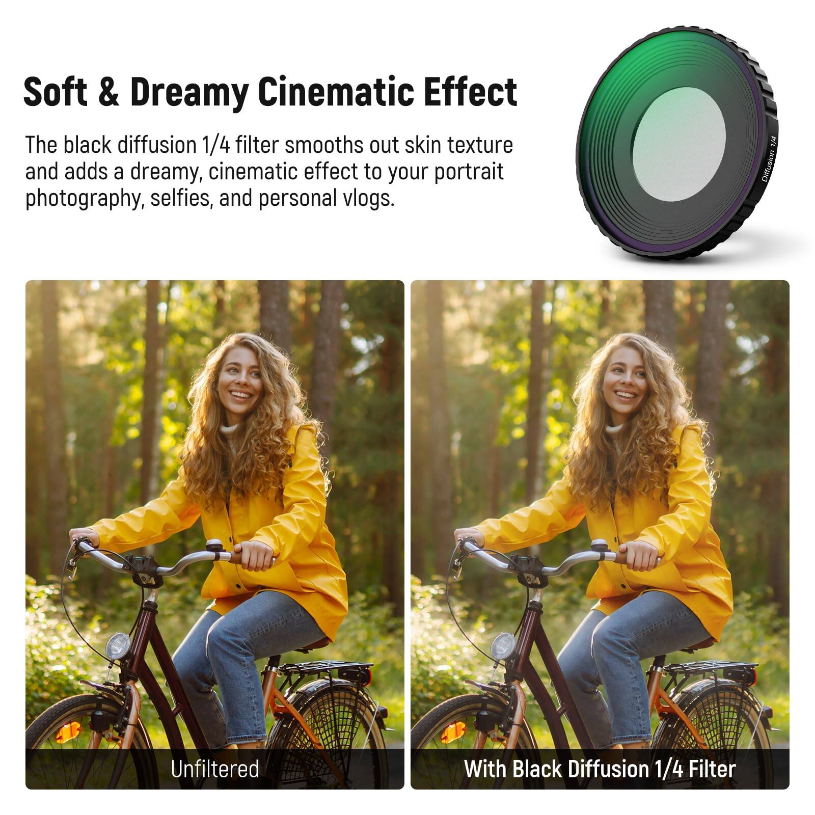 Soft & Dreamy Cinematic Effect

The black diffusion 1/4 filter smooths out skin texture and adds a dreamy, cinematic effect to your portrait photography, selfies, and personal vlogs.

1. Diffusion Unfiltered
2. With Black Diffusion 1/4 Filter