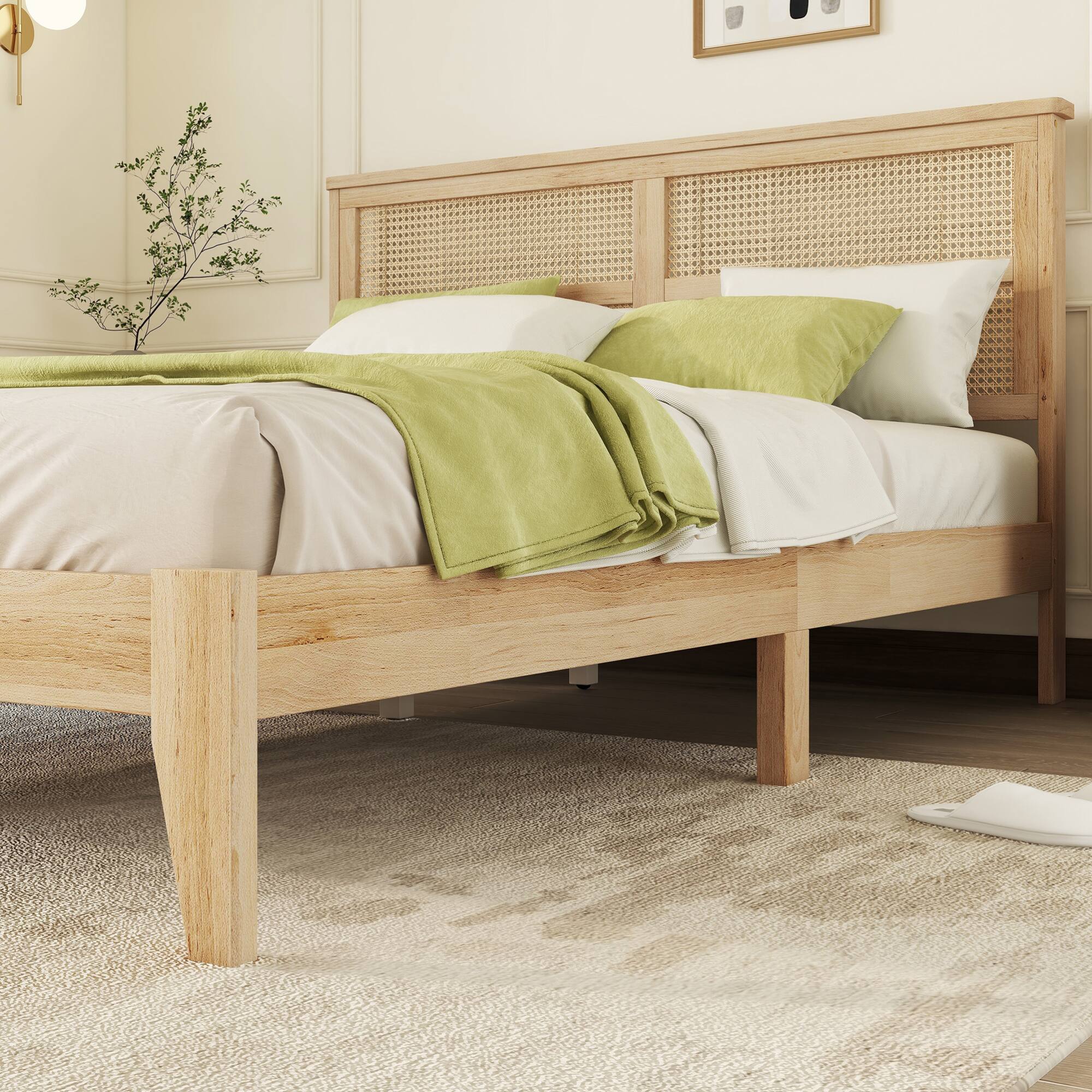 Alt View 5. GOODSILO - Queen Size Solid Wood Bed with Rattan Headboard and Enhanced Support Feet - Natural.