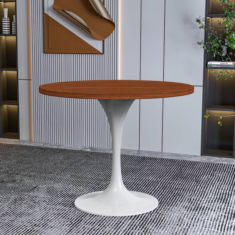Left. LeisureMod - Verve 36 Inch Round Dining Table with MDF Top and White Base, Modern Small Kitchen Bistro Accent Table - Cognac Brown.