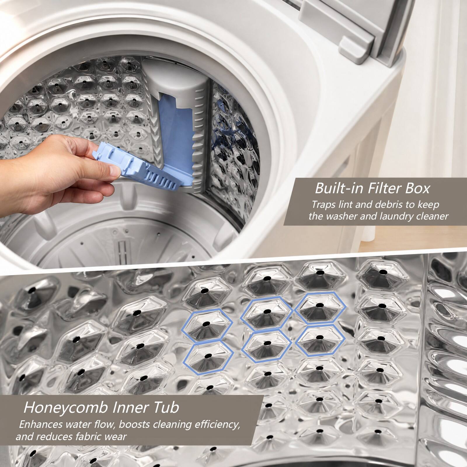 Built-in Filter Box  
Traps lint and debris to keep the washer and laundry cleaner

Honeycomb Inner Tub  
Enhances water flow, boosts cleaning efficiency, and reduces fabric wear