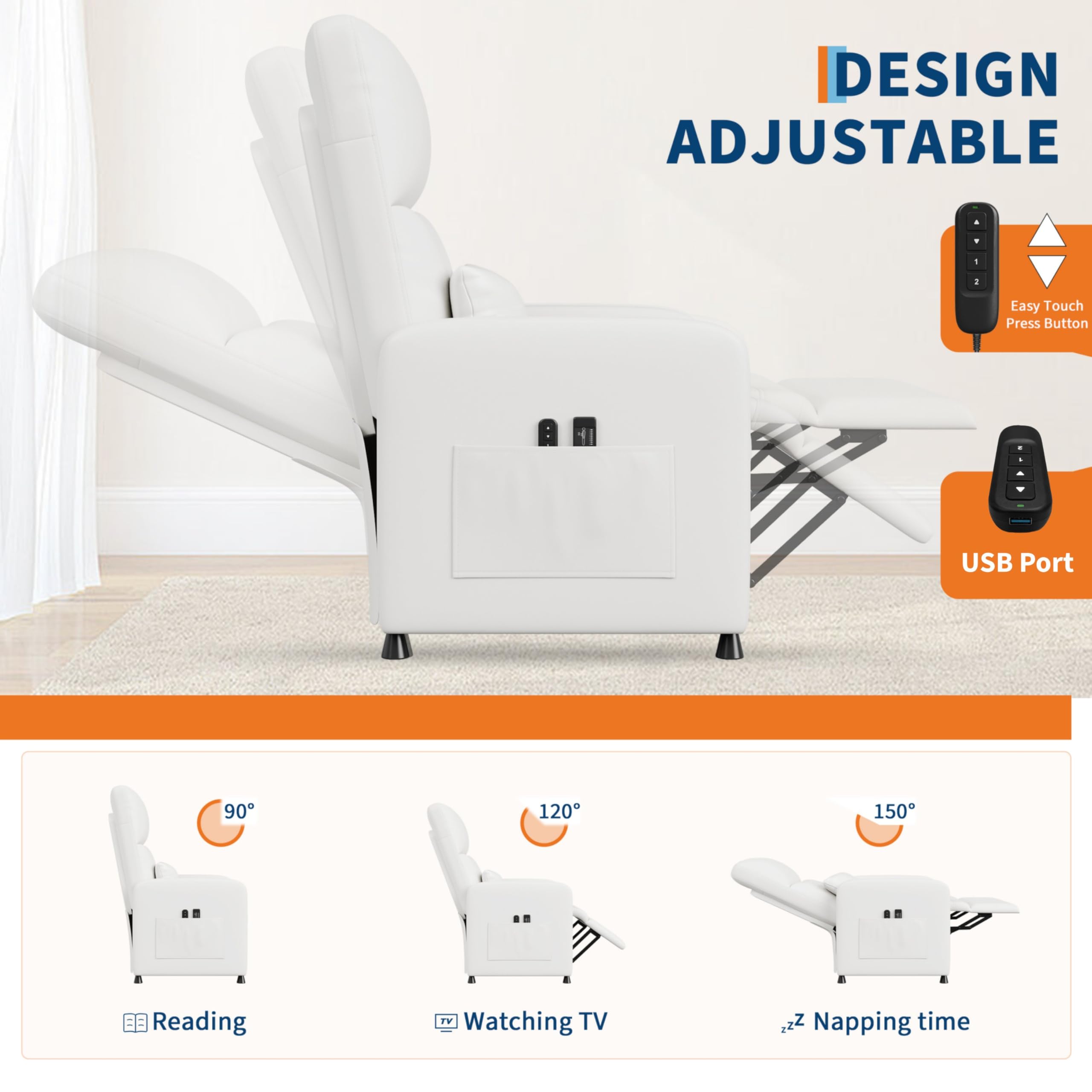 DESIGN ADJUSTABLE

Easy Touch Press Button

USB Port

90° Reading

120° Watching TV

150° Napping time