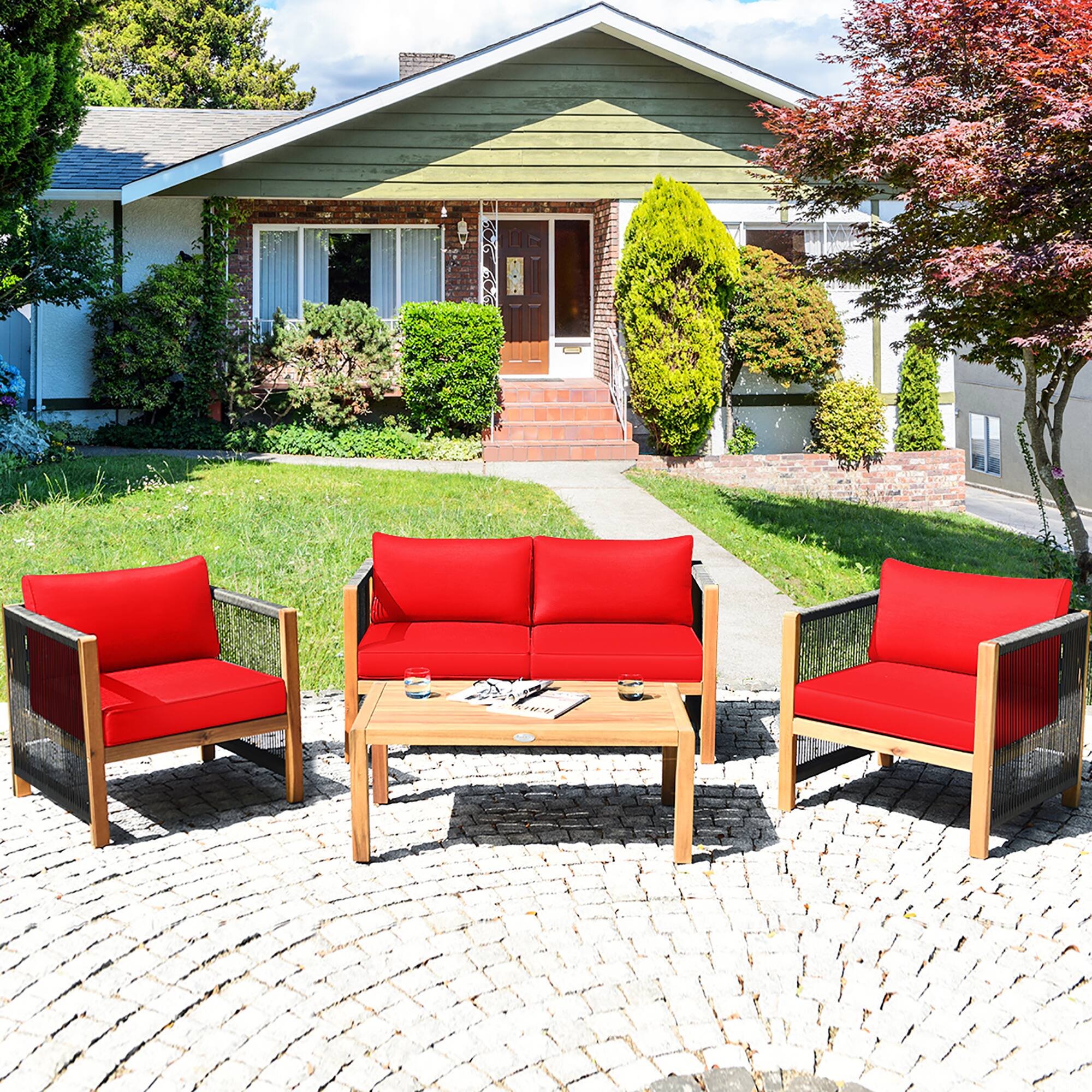 Alt View 3. Costway - Costway 8 PCS Acacia Wood Patio Conversation Set w/Cushions for Garden - Red.