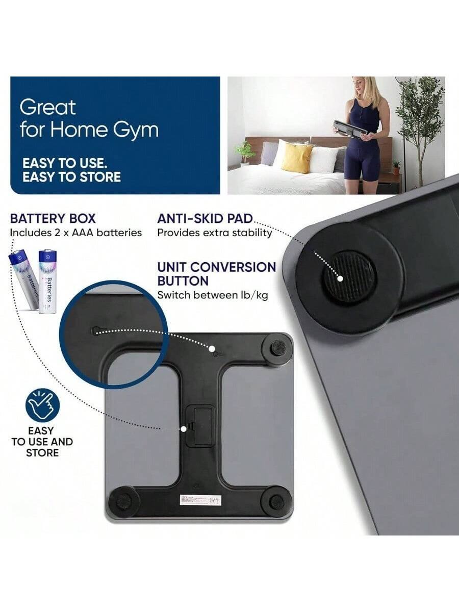 Great for Home Gym  
EASY TO USE. EASY TO STORE  

BATTERY BOX  
Includes 2 x AAA batteries  

ANTI-SKID PAD  
Provides extra stability  

UNIT CONVERSION BUTTON  
Switch between lb/kg  

EASY TO USE AND STORE