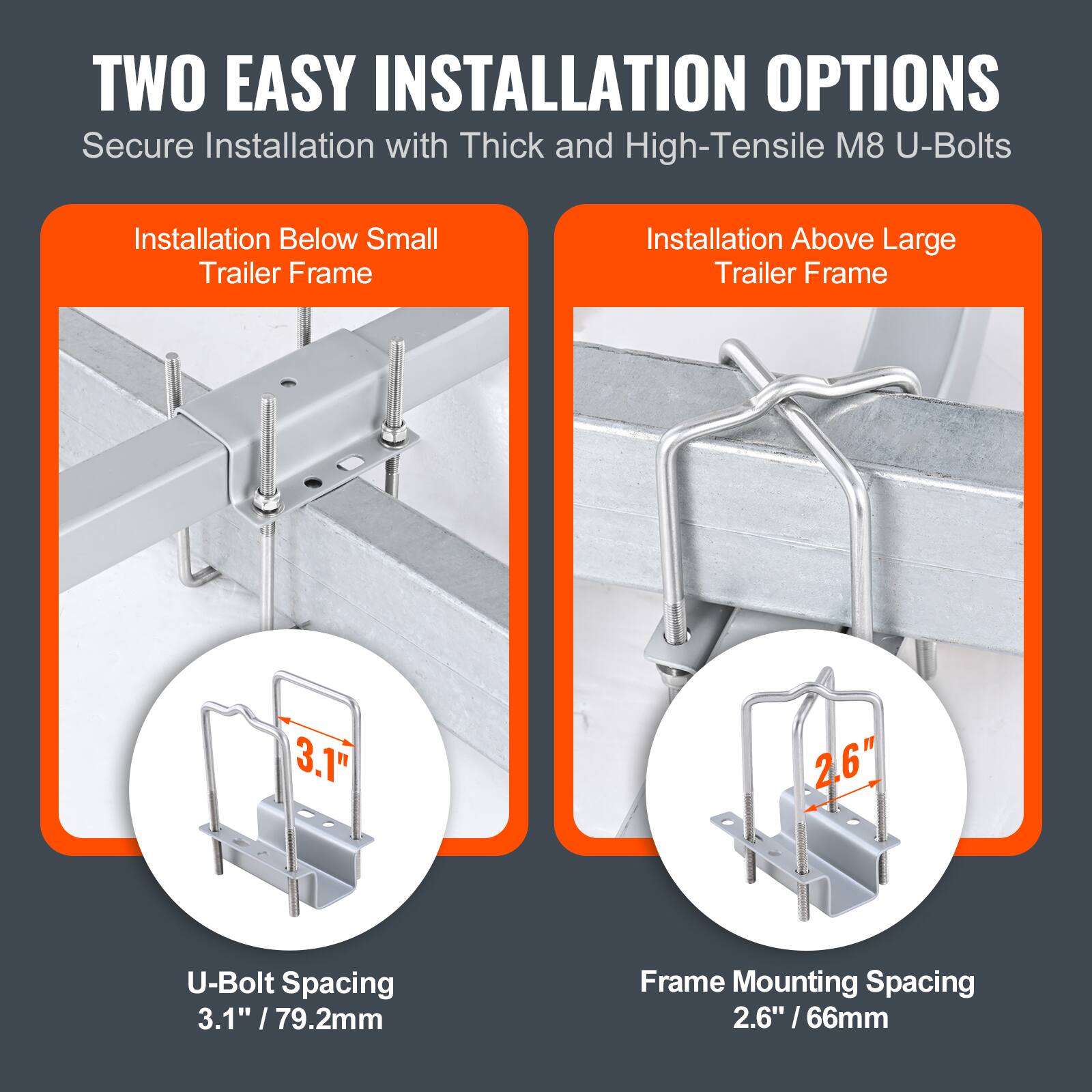 TWO EASY INSTALLATION OPTIONS  
Secure Installation with Thick and High-Tensile M8 U-Bolts

Installation Below Small Trailer Frame  
U-Bolt Spacing 3.1" / 79.2mm

Installation Above Large Trailer Frame  
Frame Mounting Spacing 2.6" / 66mm