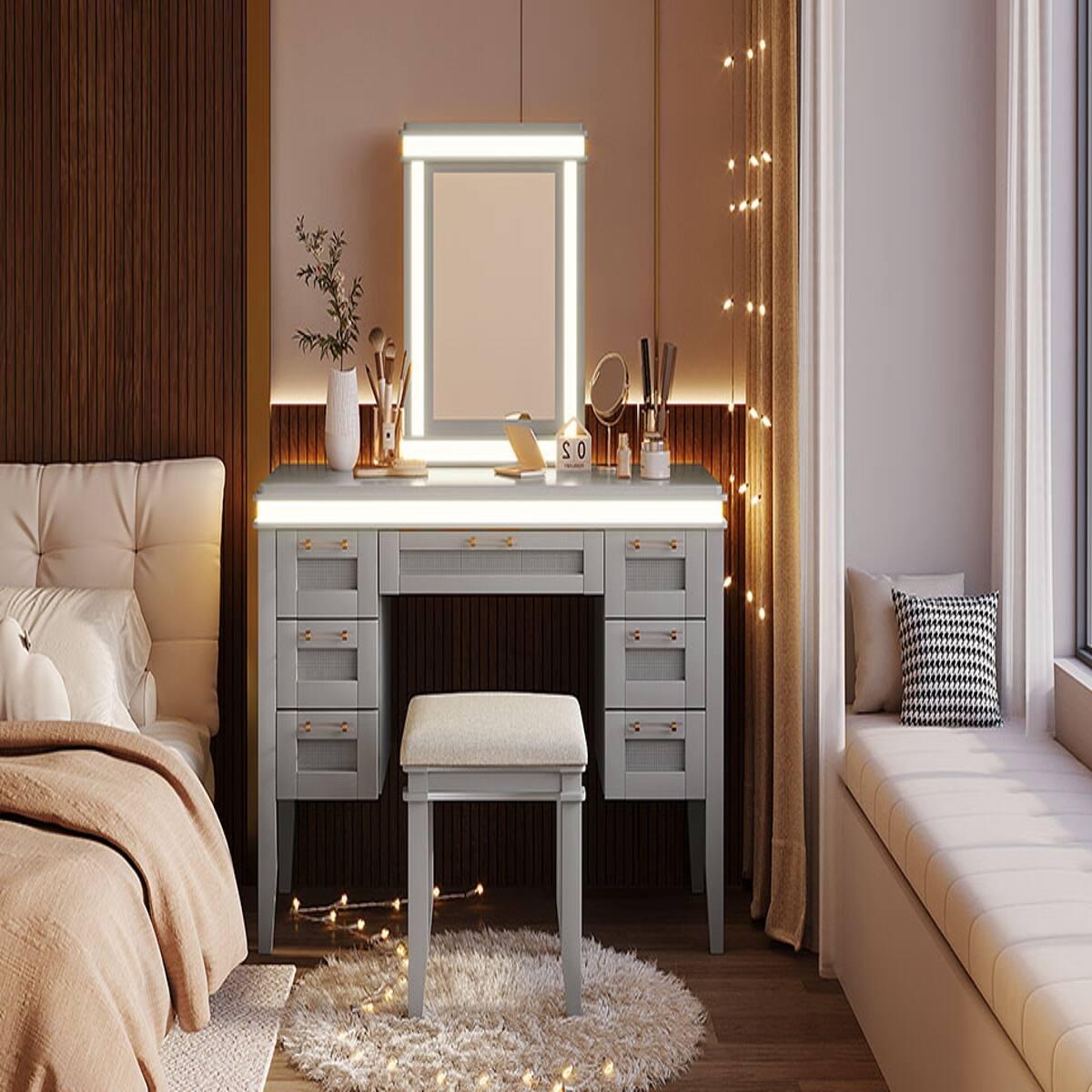 Alt View 7. Loheer - Loheer 48 Inch Makeup Vanity Desk with Mirror and Lights, Seven Drawers, Cushioned Stool, Grayish Blue - Grayish Blue.