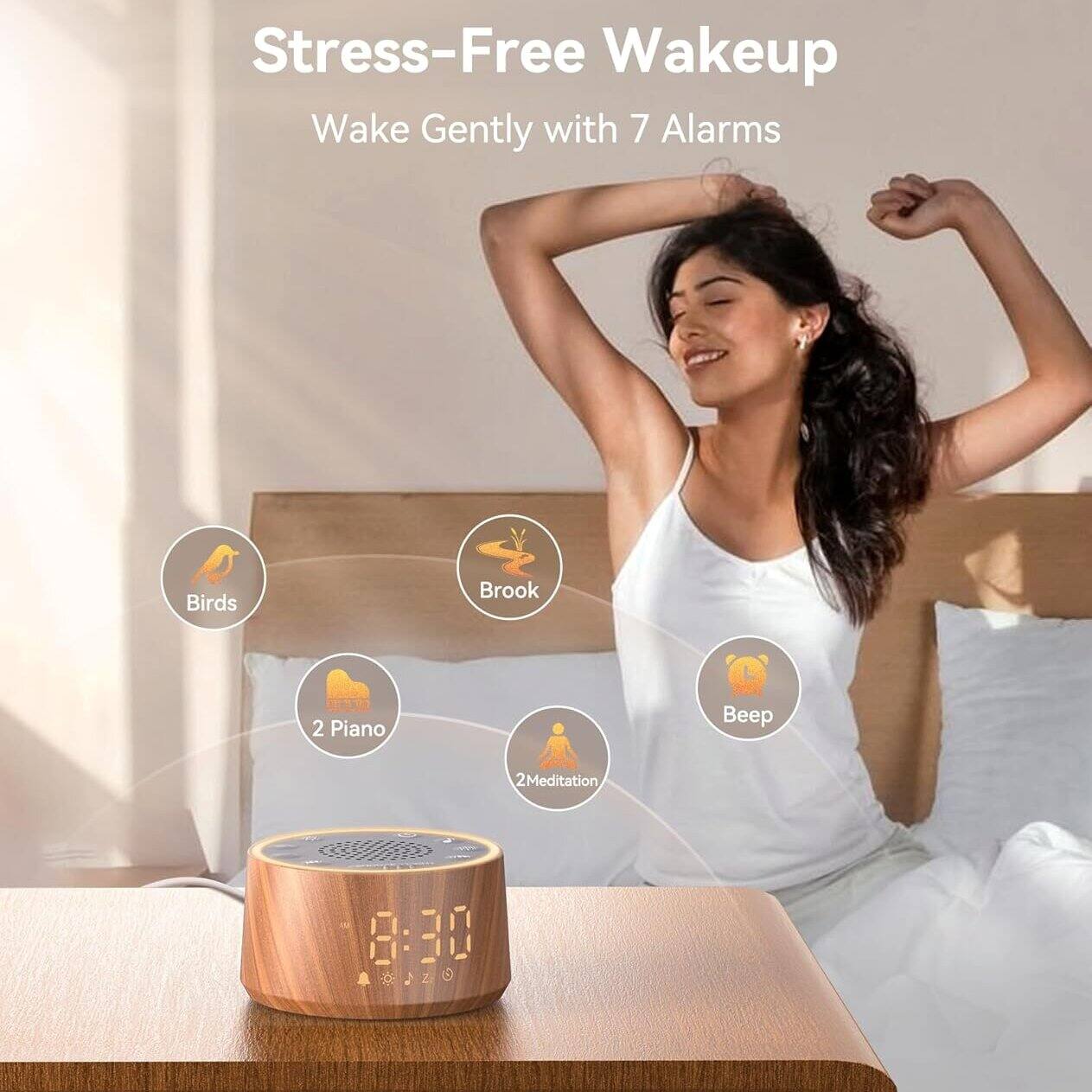 Stress-Free Wakeup  
Wake Gently with 7 Alarms  

- Birds  
- Brook  
- 2 Piano  
- Beep  
- 2 Meditation