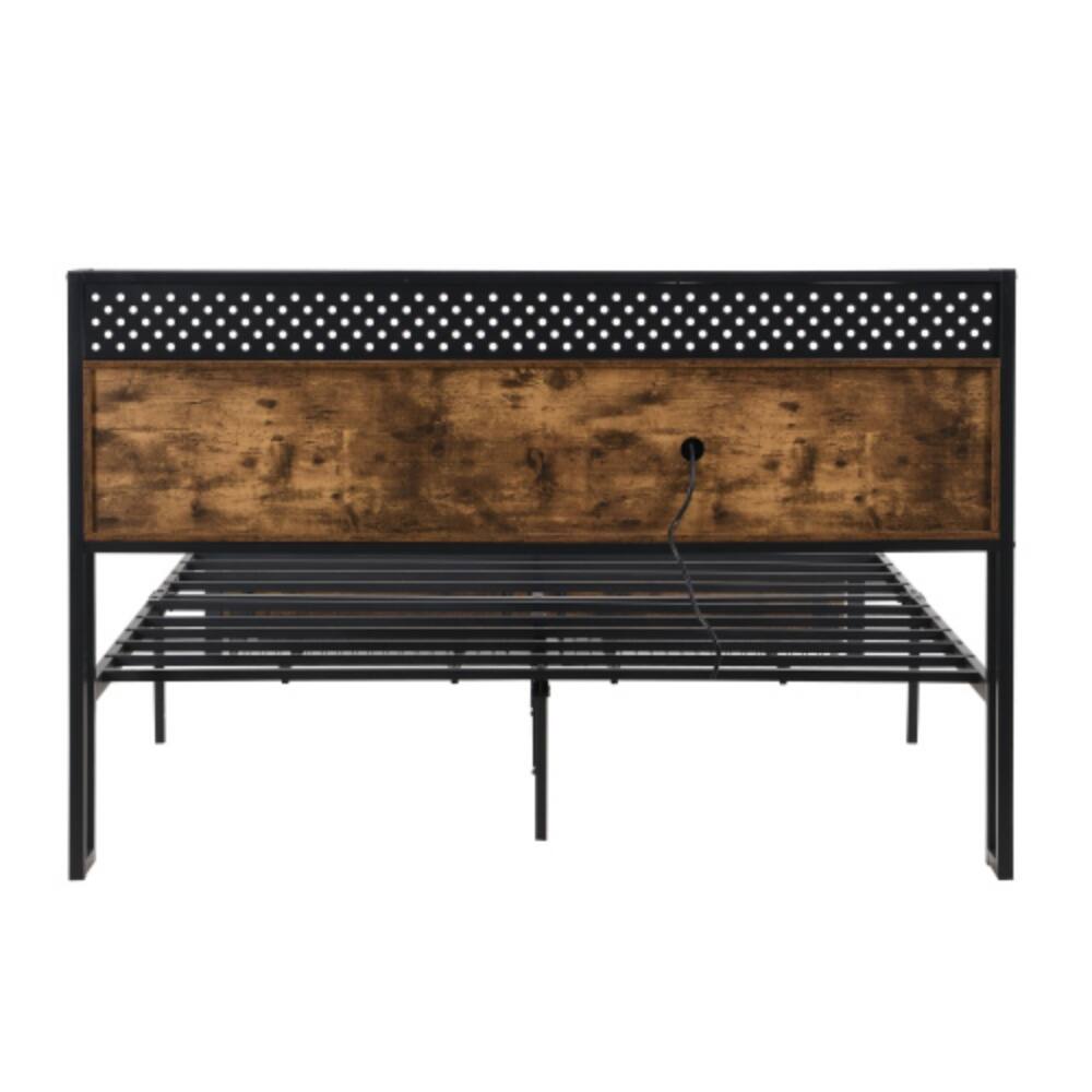 Alt View 4. LUCKY ONE - King Size Metal Platform Bed Frame with Wooden Headboard and Footboard, USB Charging, LED Lights, 2 Drawers - Black Brown.