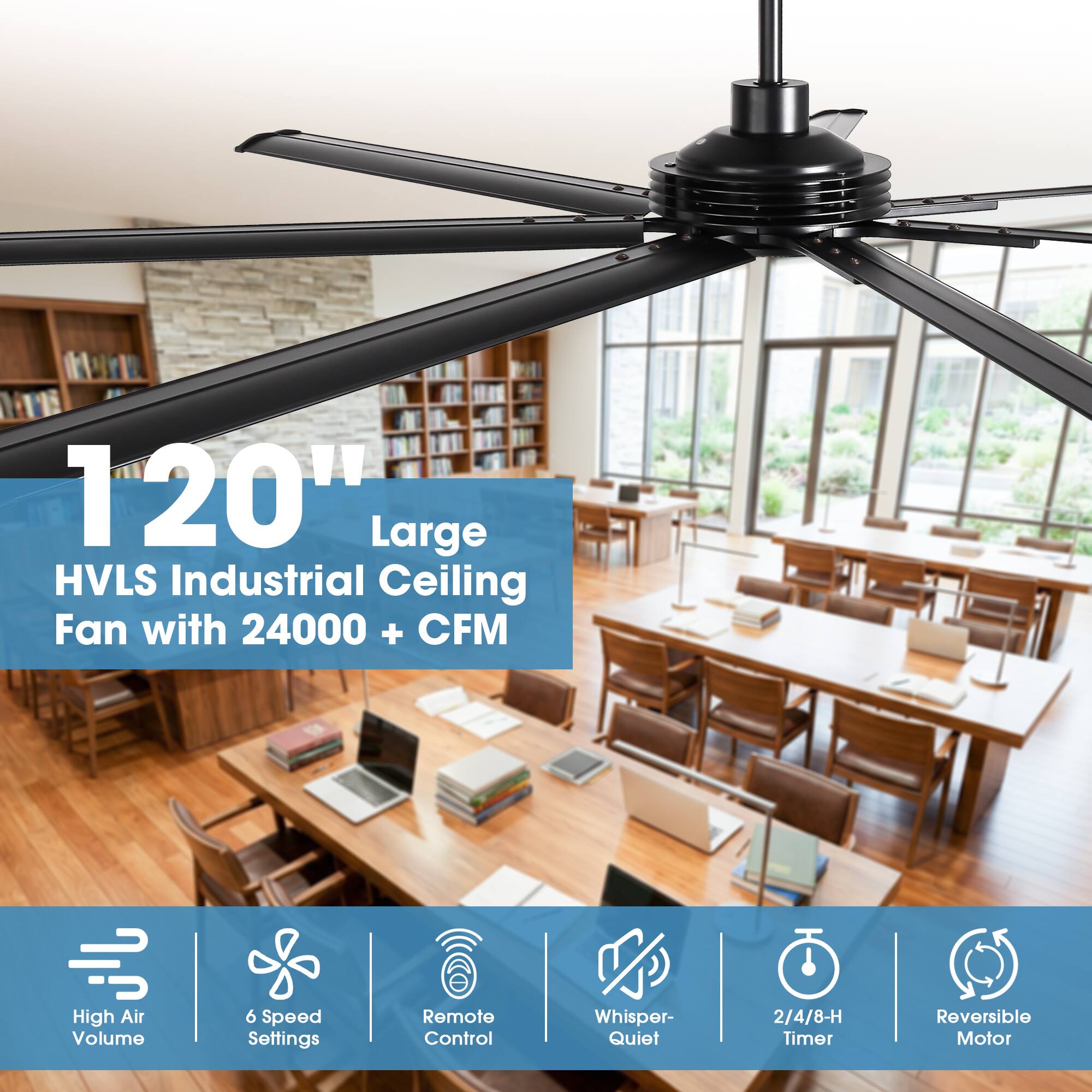 120" Large HVLS Industrial Ceiling Fan with 24000 + CFM  
High Air Volume  
6 Speed Settings  
Remote Control  
Whisper-Quiet  
2/4/8-H Timer  
Reversible Motor