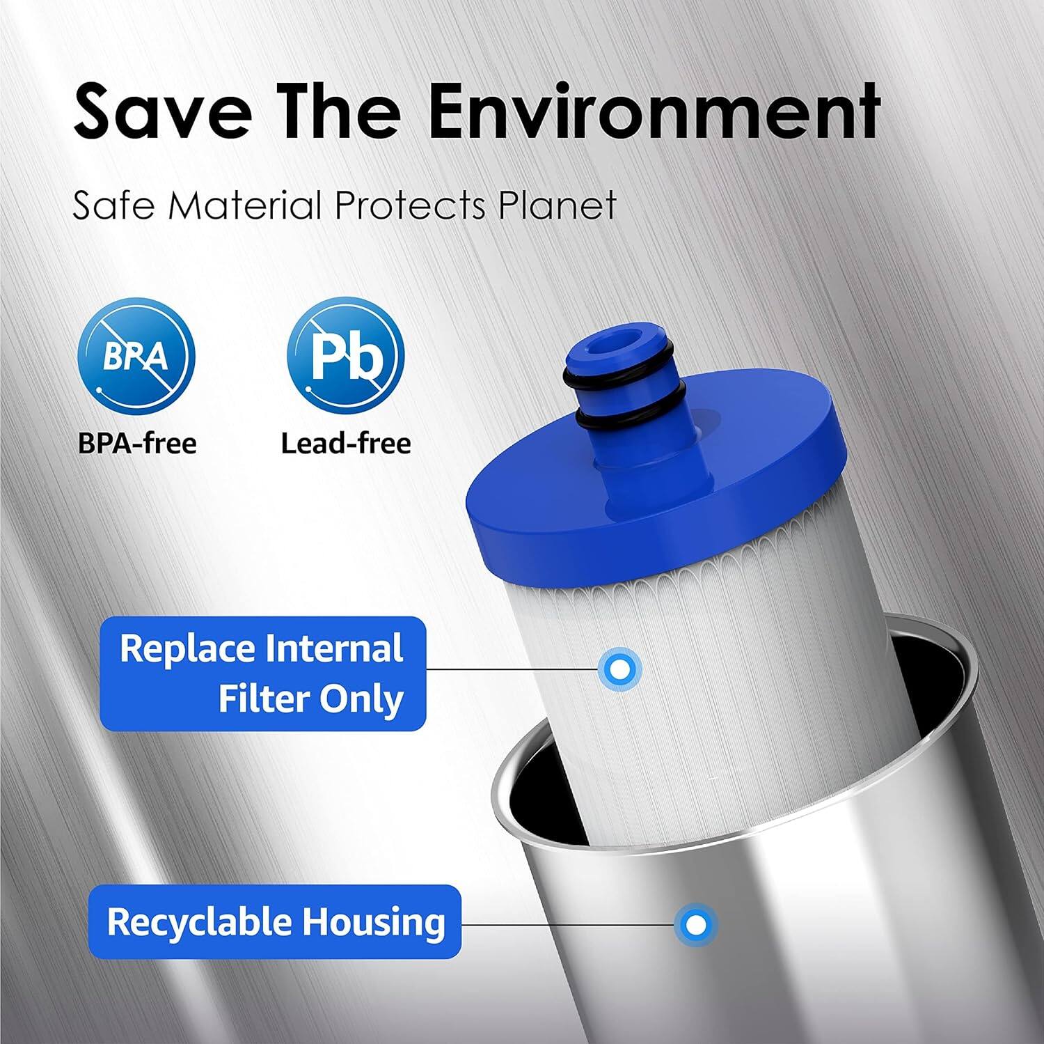 Save The Environment  
Safe Material Protects Planet  
BPA-free  
Lead-free  
Replace Internal Filter Only  
Recyclable Housing