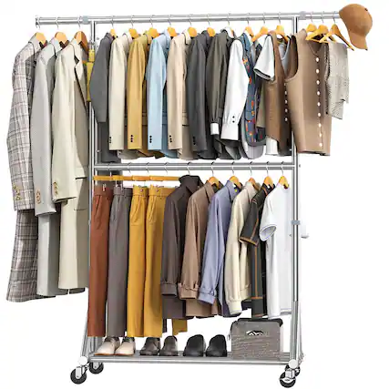 Front. Hirose Alice - 100% Stainless Steel Heavy Duty Clothes Rack Load Rolling Double Rods Clothing Racks for Hanging Clothes - Default.