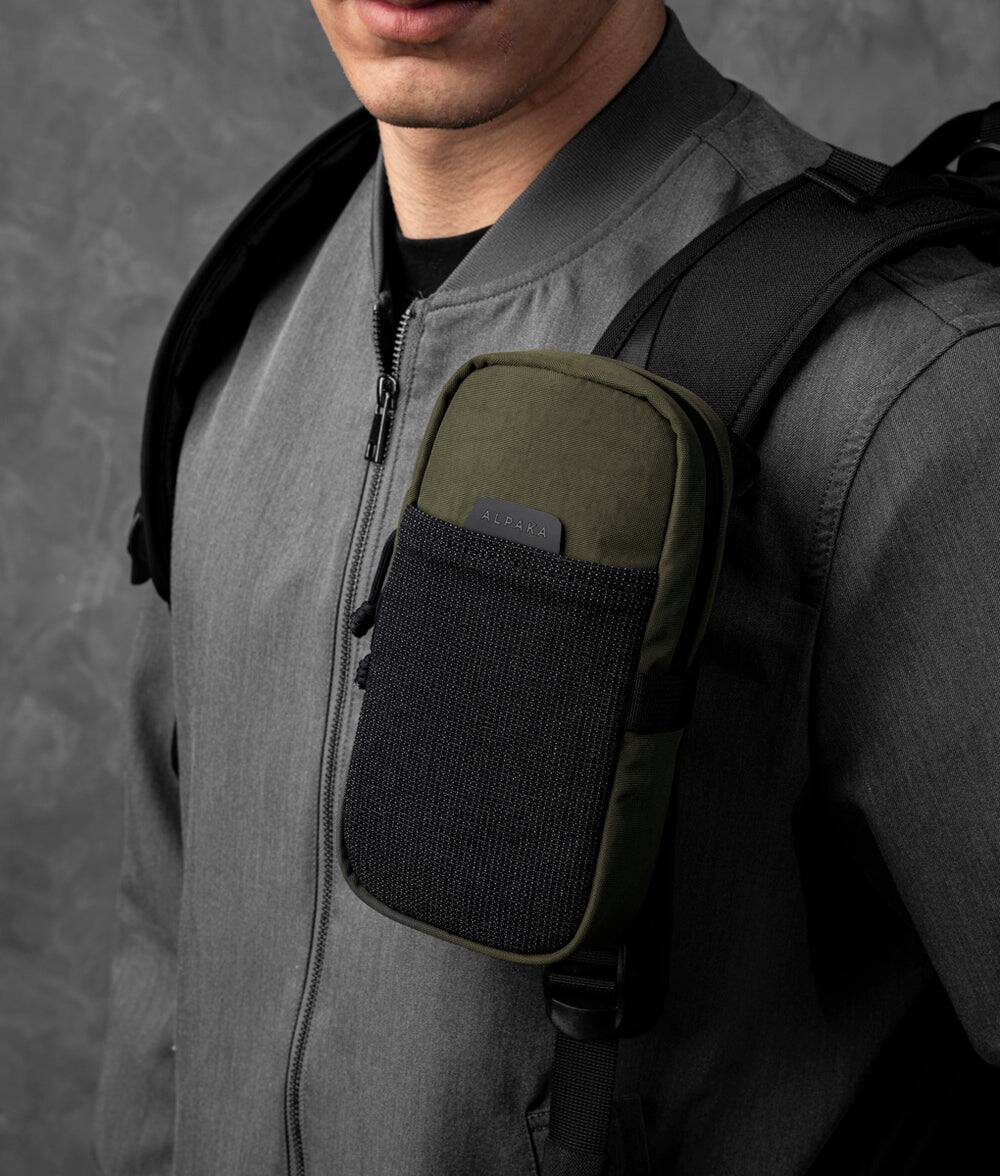 Left. ALPAKA - Men’s Sling Bag & Belt Bag - Crossbody Phone Sling with Card Sleeve and HUB Compatibility - Green Axoflux 400D Washed Nylon.