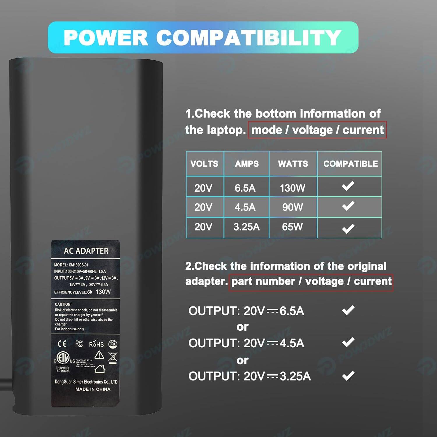 POWER COMPATIBILITY

1. Check the bottom information of the laptop. mode / voltage / current

VOLTS | AMPS | WATTS | COMPATIBLE
20V | 6.5A | 130W | ✓
20V | 4.5A | 90W | ✓
20V | 3.25A | 65W | ✓

2. Check the information of the original adapter. part number / voltage / current

OUTPUT: 20V = 6.5A
or
OUTPUT: 20V = 4.5A
or
OUTPUT: 20V = 3.25A